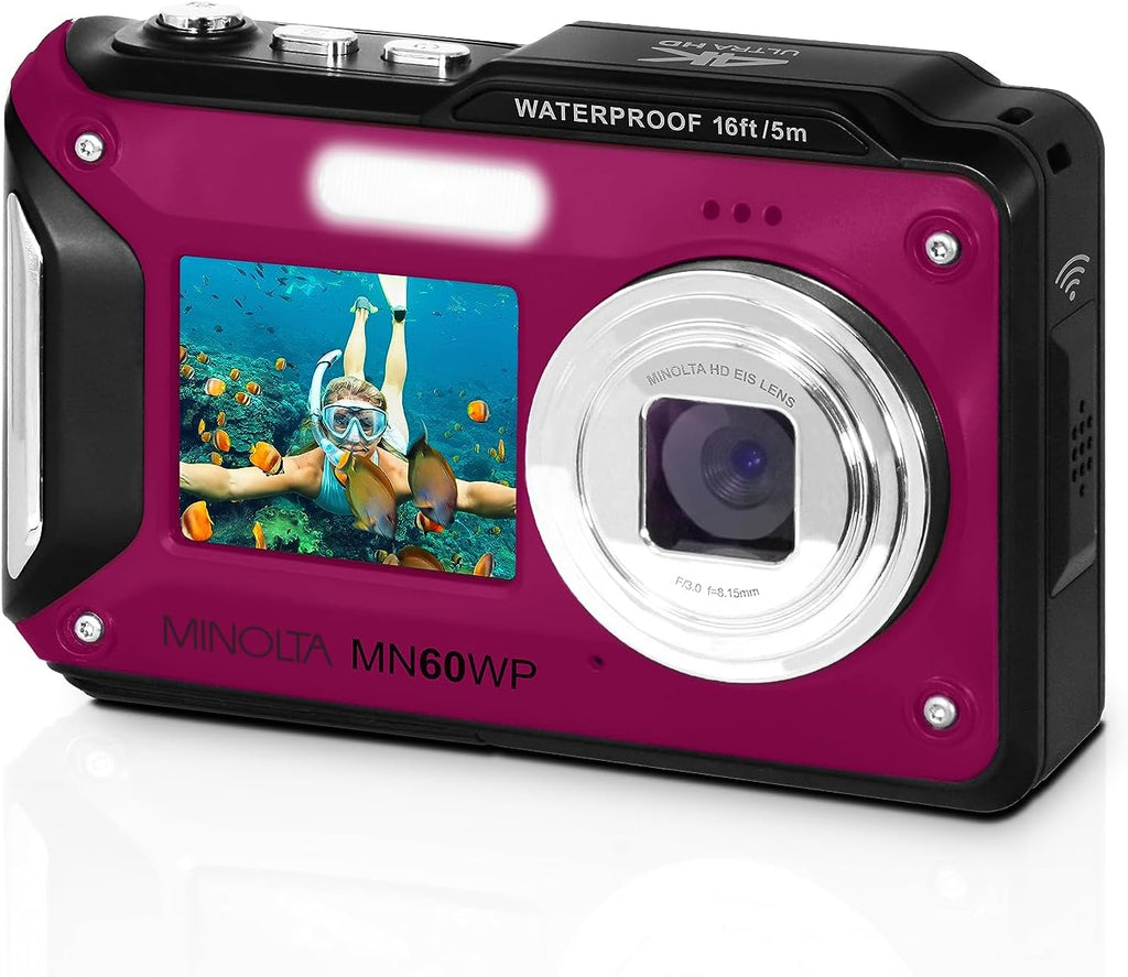 Minolta Waterproof Digital Camera - 48MP Photos, 4K UHD Video, Dual LCD Screens, 16ft Waterproof, 16X Zoom, Anti-Shake, Slow Motion, Compact Point-and-Shoot for Travel & Underwater (Magenta)
