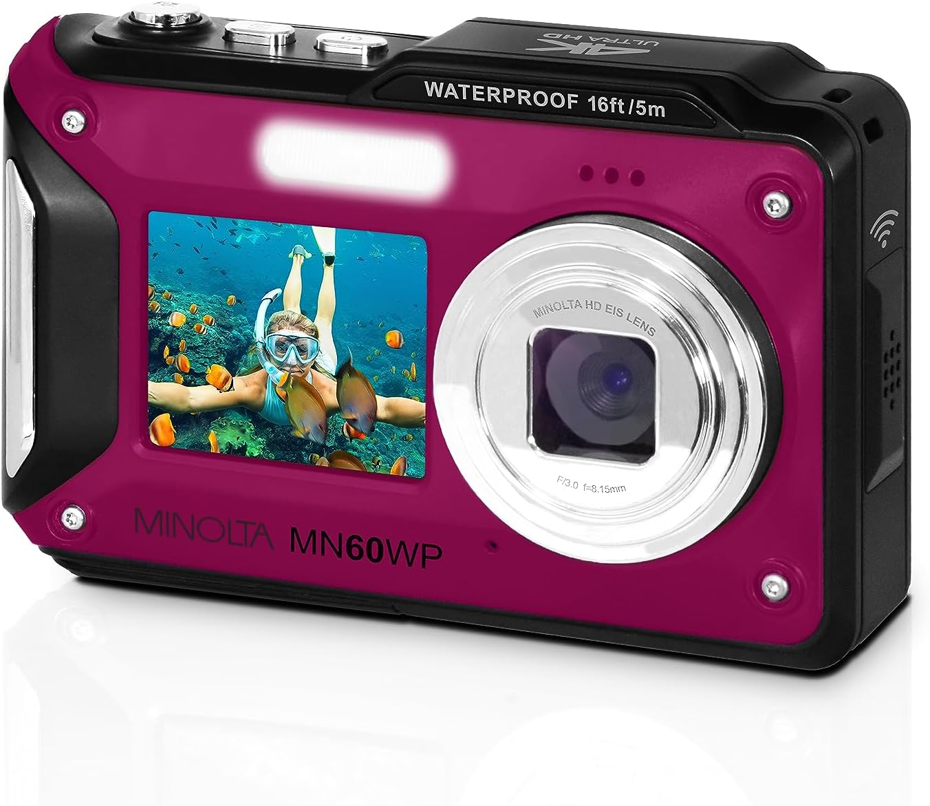 Minolta Waterproof Digital Camera - 48MP Photos, 4K UHD Video, Dual LCD Screens, 16ft Waterproof, 16X Zoom, Anti-Shake, Slow Motion, Compact Point-and-Shoot for Travel & Underwater (Magenta)