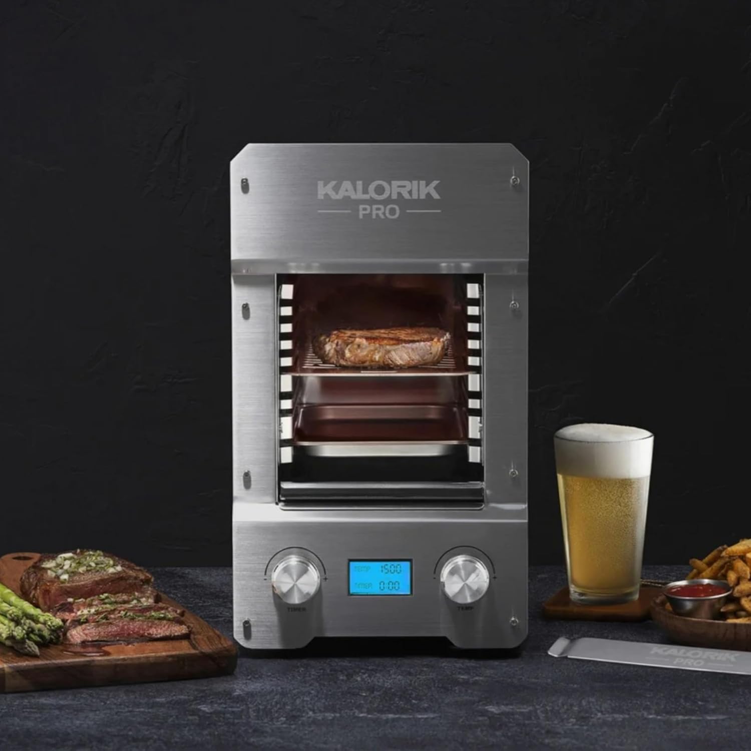 Kalorik Steakhouse Grill Pro Electric Broiler, 1500°F Stainless Steel Steak Cooker with 2 Grill Plates, Electric Grill for BBQ Burgers & Fish, 1600-Watts, Stainless Steel