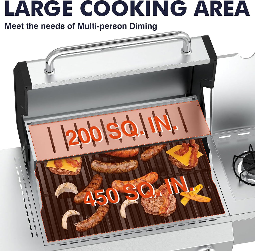 Llamaviva 4 Burner Gas Grill with Side Burner 60000 BTU Propane Flat Top Grill Stainless Steel Outdoor BBQ Grill Portable with Wheels for Patio Camping