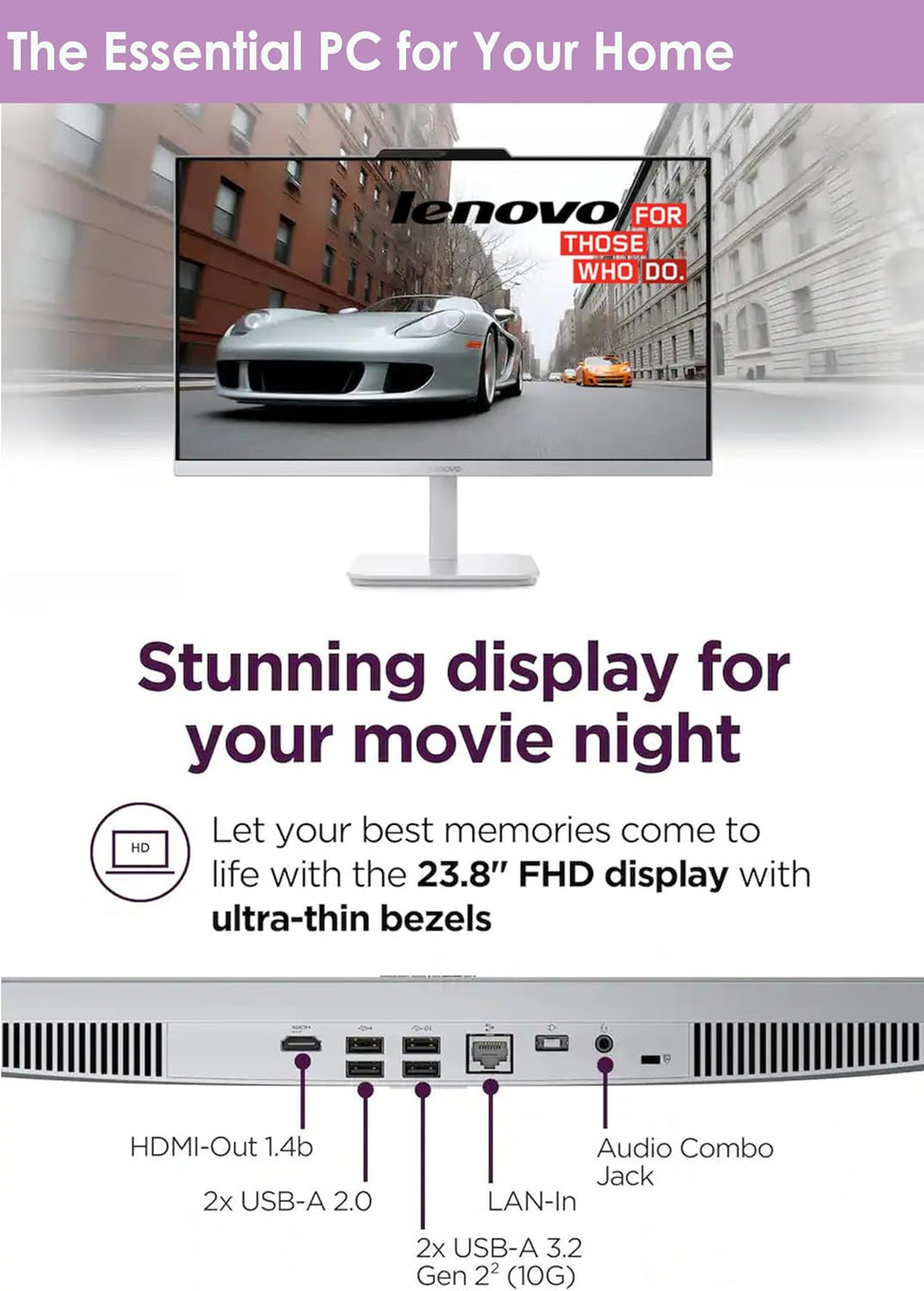 Lenovo All in One Desktop with Intel Ultra-Fast 4-Core CPU| 24 inch Full HD Display| 8GB RAM, 512GB PCIe SSD| Wi-Fi 6| Bluetooth| USB, Ethernet Port| Windows 11 | HDMI Out| Wireless Keyboard & Mouse