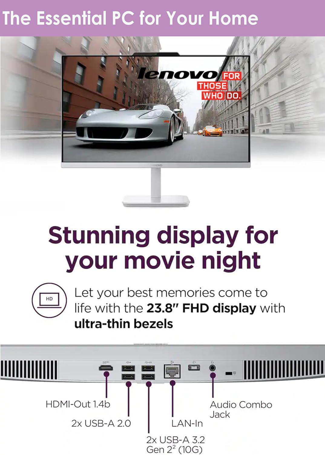 Lenovo All in One Desktop with Intel Ultra-Fast 4-Core CPU| 24 inch Full HD Display| 16GB RAM, 256GB PCIe SSD| Wi-Fi 6| Bluetooth| USB, Ethernet Port| Windows 11 | HDMI Out| Wireless Keyboard & Mouse