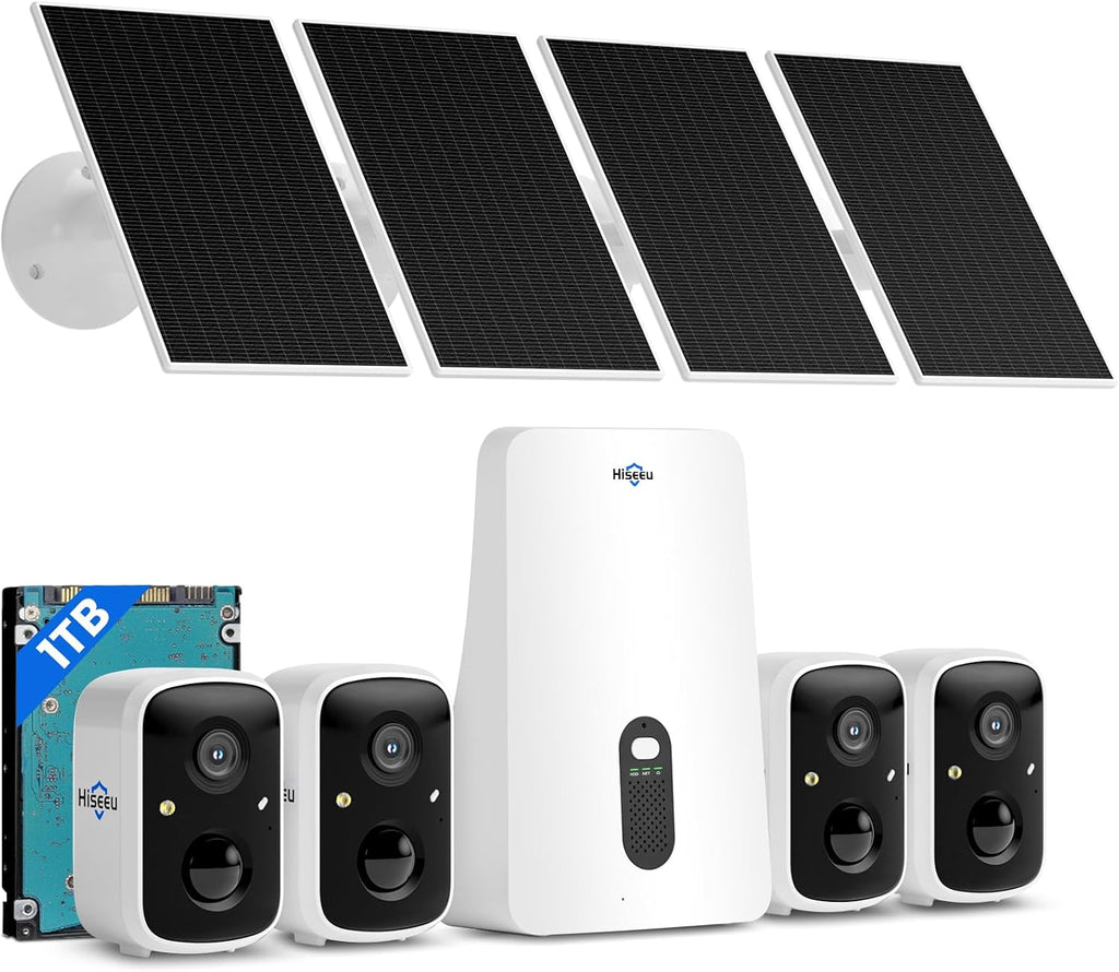 Hiseeu Solar Camera Outdoor Wireless, 4 Cam-Kit, No Subscription, Expandable to 10CH, Home Security Camera System, 2K Color Night Vision, PIR/AI Detection, IP66, 2.4G & 5G WiFi, 1TB Local Recording
