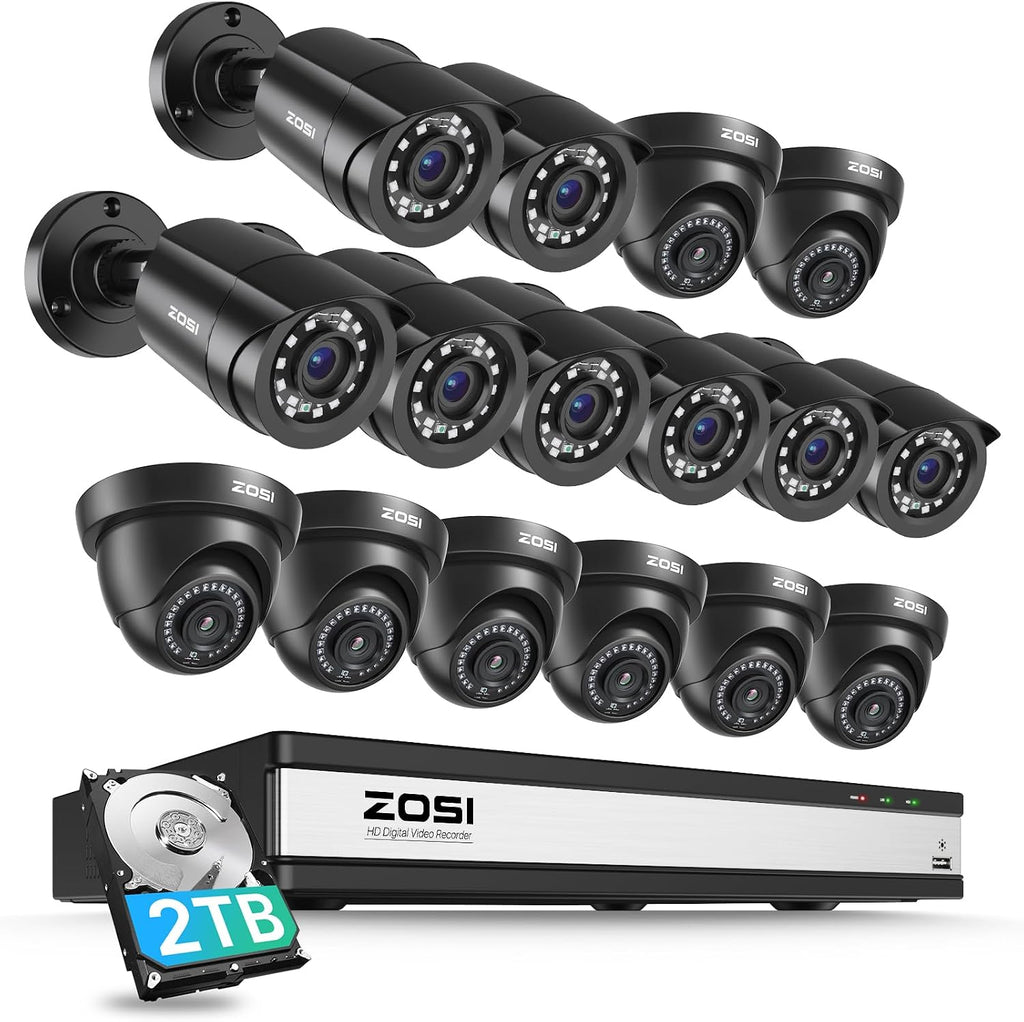 ZOSI 3K Lite 16CH Security Camera System with AI Human Vehicle Detection, Night Vision, 16 x 1080p Outdoor Indoor CCTV Wired Cameras, 16 Channel H.265+ Surveillance DVR with 2TB HDD for 24/7 Recording