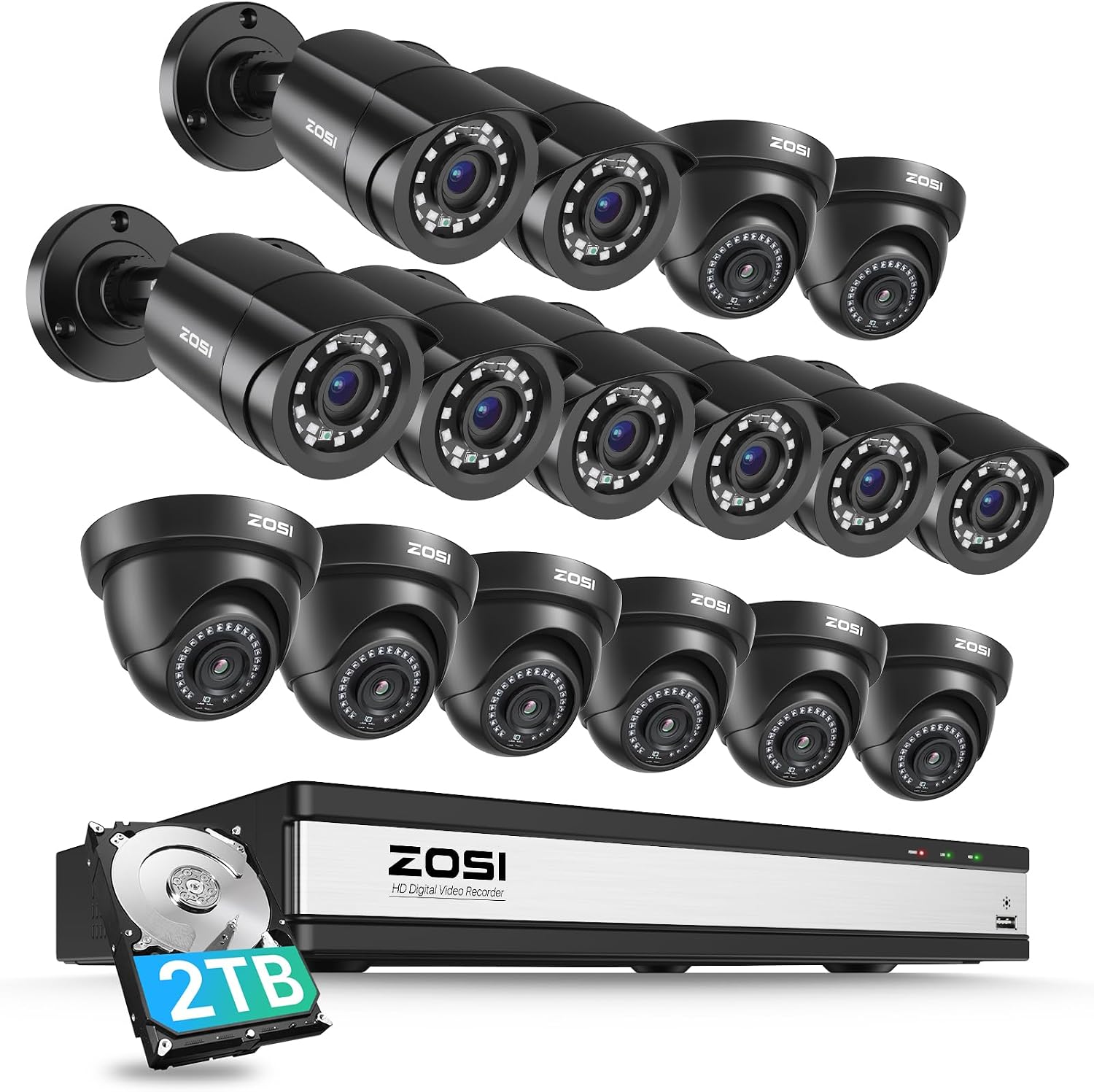 ZOSI 3K Lite 16CH Security Camera System with AI Human Vehicle Detection, Night Vision, 16 x 1080p Outdoor Indoor CCTV Wired Cameras, 16 Channel H.265+ Surveillance DVR with 2TB HDD for 24/7 Recording