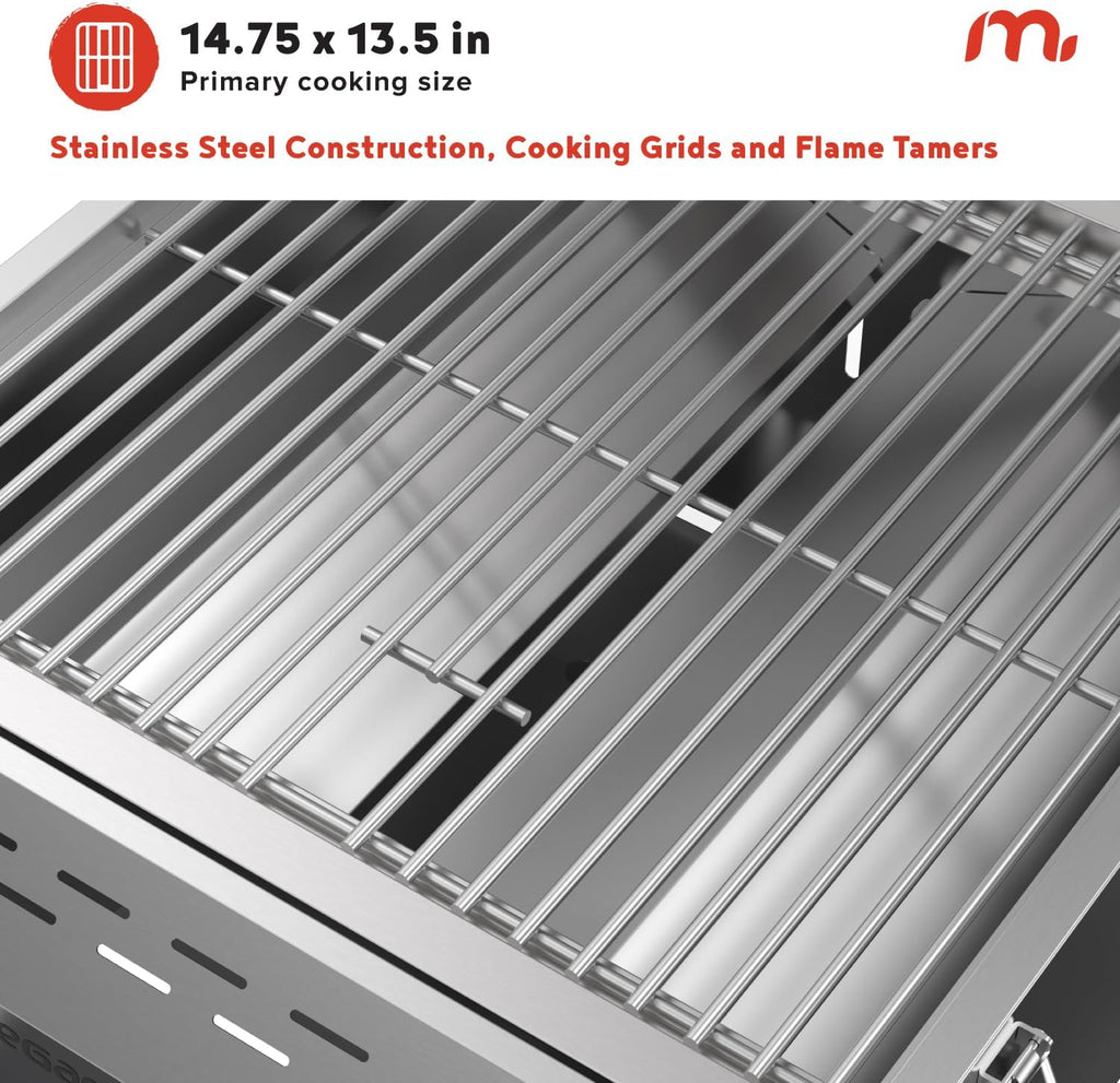 Megamaster 2-Burner Stainless Steel Portable Gas Grill with Built-In Lid, 16,000 BTUs, Foldable Legs, Small Propane Grill for Outdoor Cooking, Camping, Tailgating, Patios, and More - 820-0033M