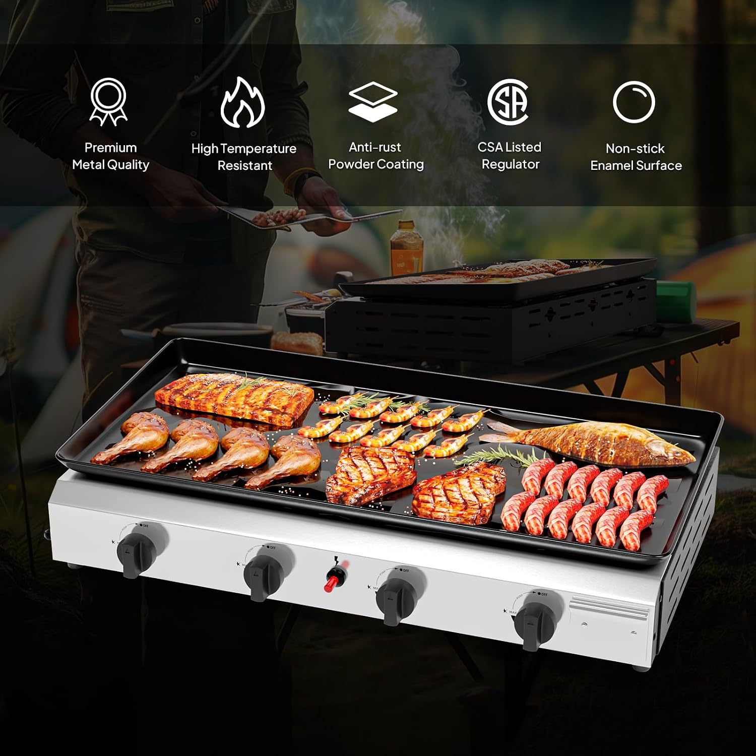 ROVSUN 4 Burner Portable Propane Griddle with Electronic Ignition & Regulator, 40,000 BTU Tabletop Flat Top Gas Grill with Nonstick Enameled Tray for Outdoor Cooking Camping BBQ Tailgating