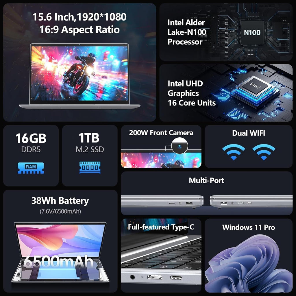 2026 Latest Laptop,16GB RAM 1TB SSD,15.6 inch 2K FHD IPS Screen,12th Quad Core N100(3.4GHz) CPU, 2.4G/5G WiFi/BT5.0, HD Webcam,Full-Featured Type-C,Large Capacity Battery,USB 3.2,Light&Thin Laptop