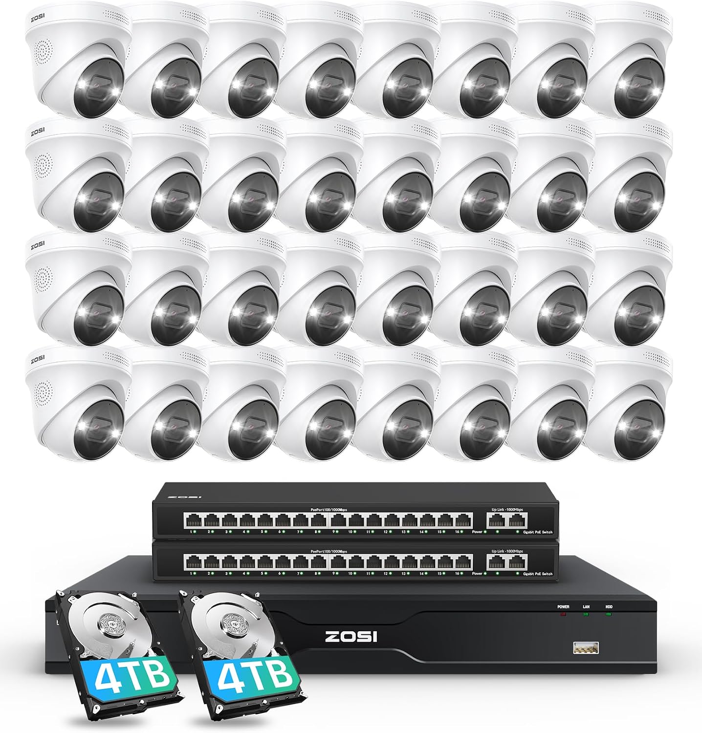 ZOSI 32 Channel 4K PoE Security Camera System, 32 x 4K Spotlight Outdoor Indoor Cameras, Face Person Vehicle Detection, 2 Way Audio, 32CH 8MP Surveillance NVR with 8TB HDD for Business 24/7 Recording