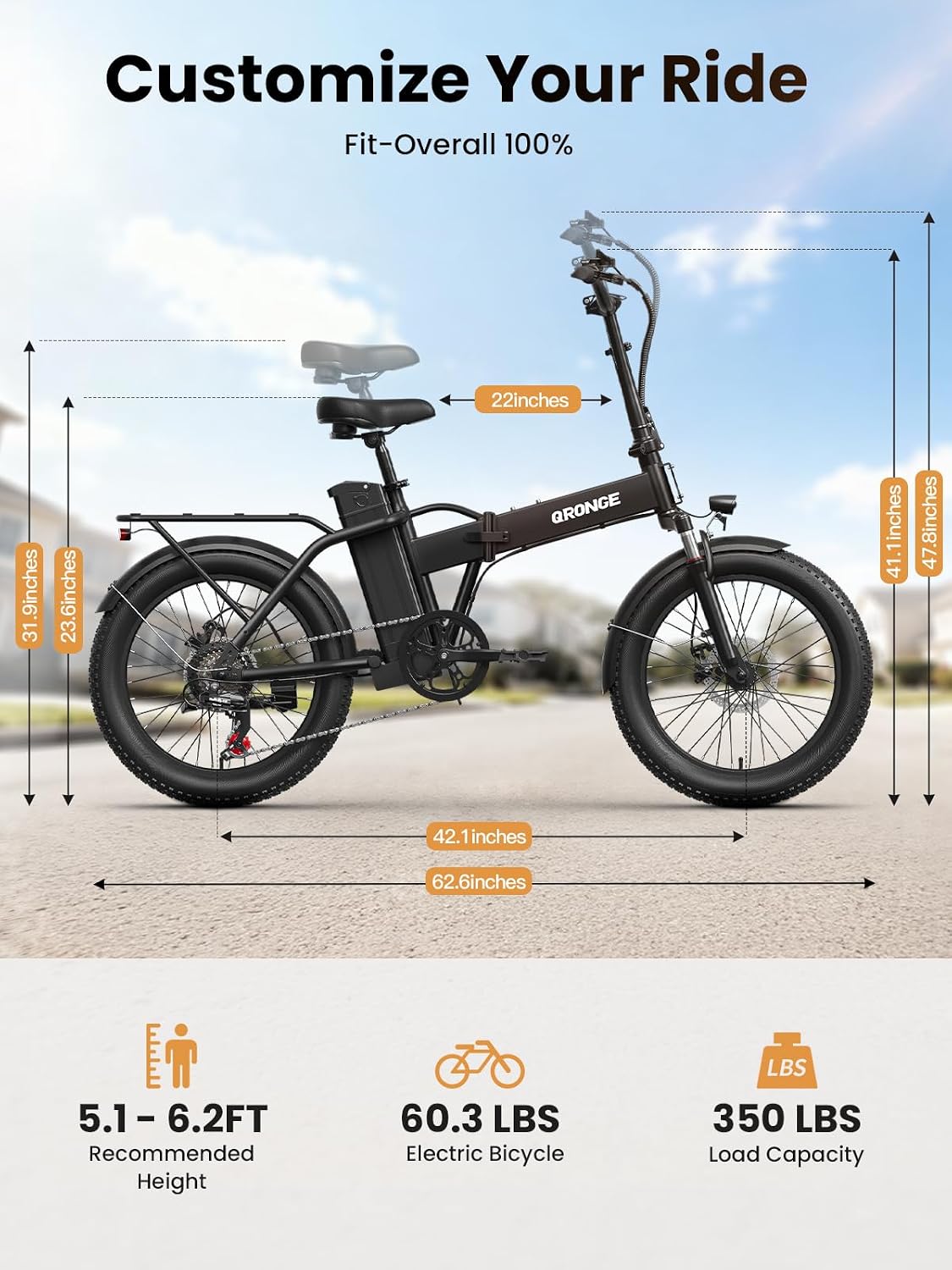 QRONGE Folding Electric Bike, E-Bike Foldable 1000W Peak, 48V 13.5AH Removable Battery Ebike, 20' Fat Tire, 70 Max Miles Range, 28maxMPH, Electric Bike for Adults, Adult Electric Bicycles for Commute