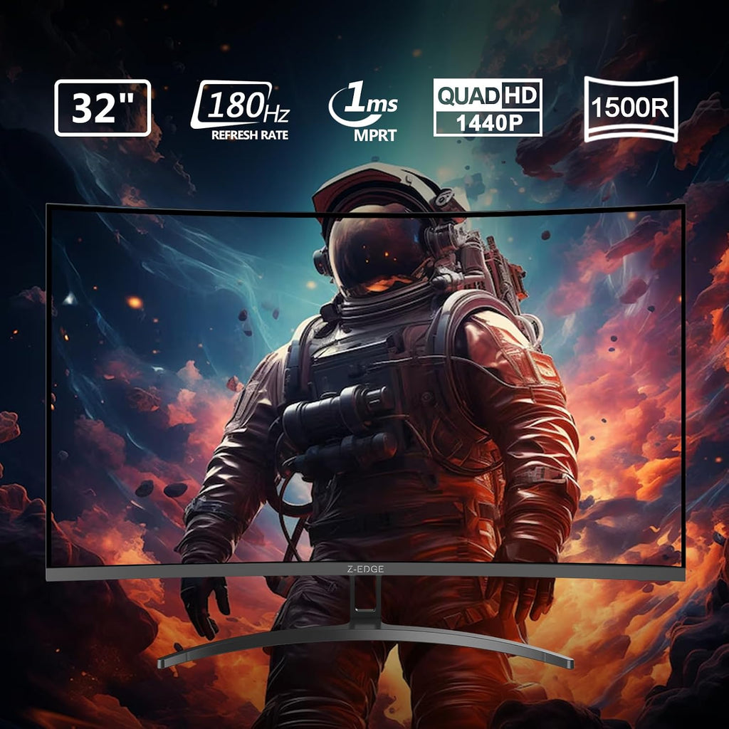 Z-Edge 32 inch Curved Gaming Monitor, QHD 1440P 180Hz 165Hz 144Hz Curved Monitor, 1500R Computer Monitor, MPRT 1ms Monitor, 16.7M Colors, 3000:1 Contrast, UG32 Ultra Slim Bezel, DP x2, HDMI x2