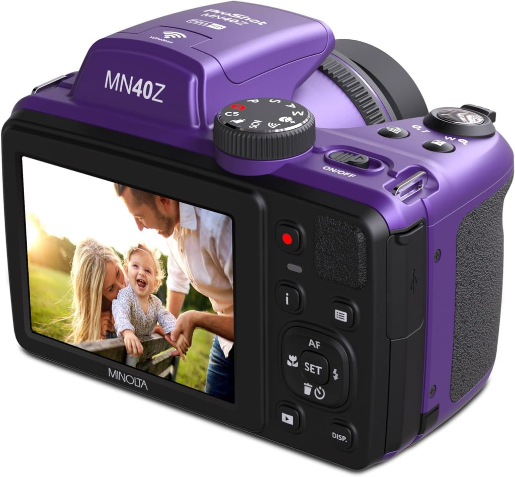 Minolta MN40Z 20MP Digital Camera – 40x Optical Zoom, 1080p FHD Video, 3.0' LCD, Wi-Fi, Face/Smile/Blink Detection – Purple