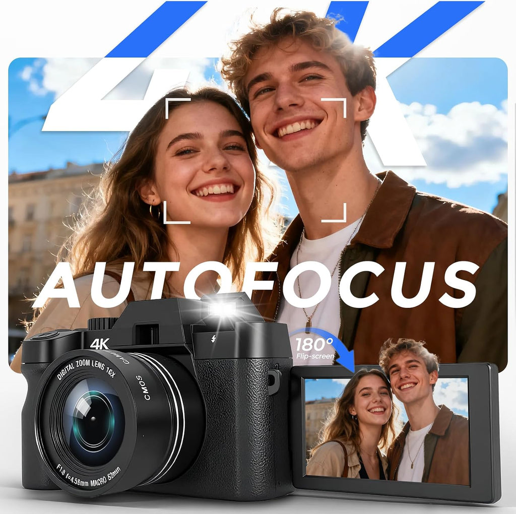 4K Digital Camera for Photography with WiFi Auto-Focus Vlogging Camera for YouTube with Flip Screen, Come with 2 Batteries, Wide & Macro Lens, Microphone, MicroSD Card, Card Reader