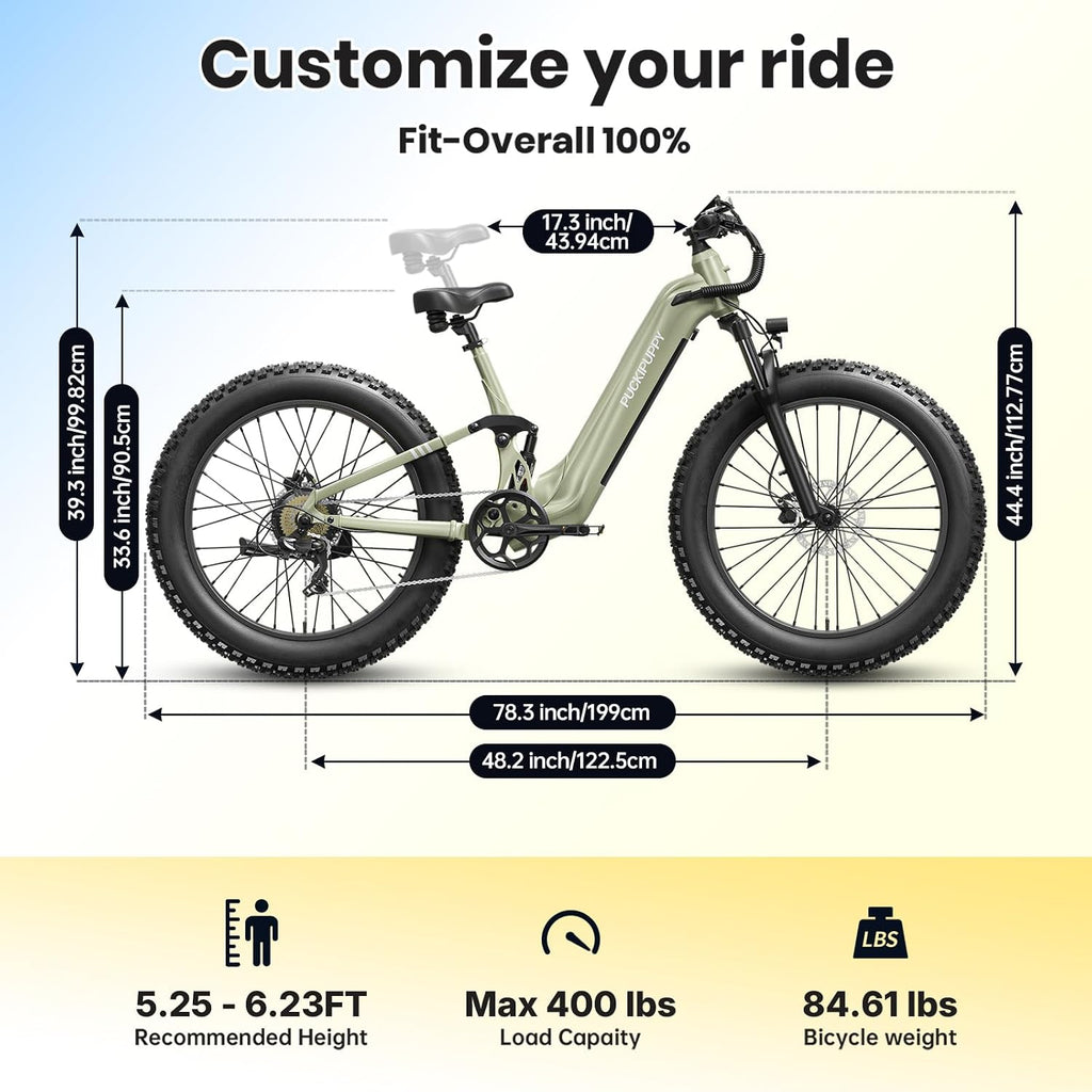 PUCKIPUPPY Electric Bike for Adults 960W+A Luxury Accessory Pack, 48V 20AH Battery Adult Electric Bicycles, 26' Fat Tire Full Suspension Step-Thru Ebike, 28MPH Mountain Ebike, 7 Speed, 80Miles Range