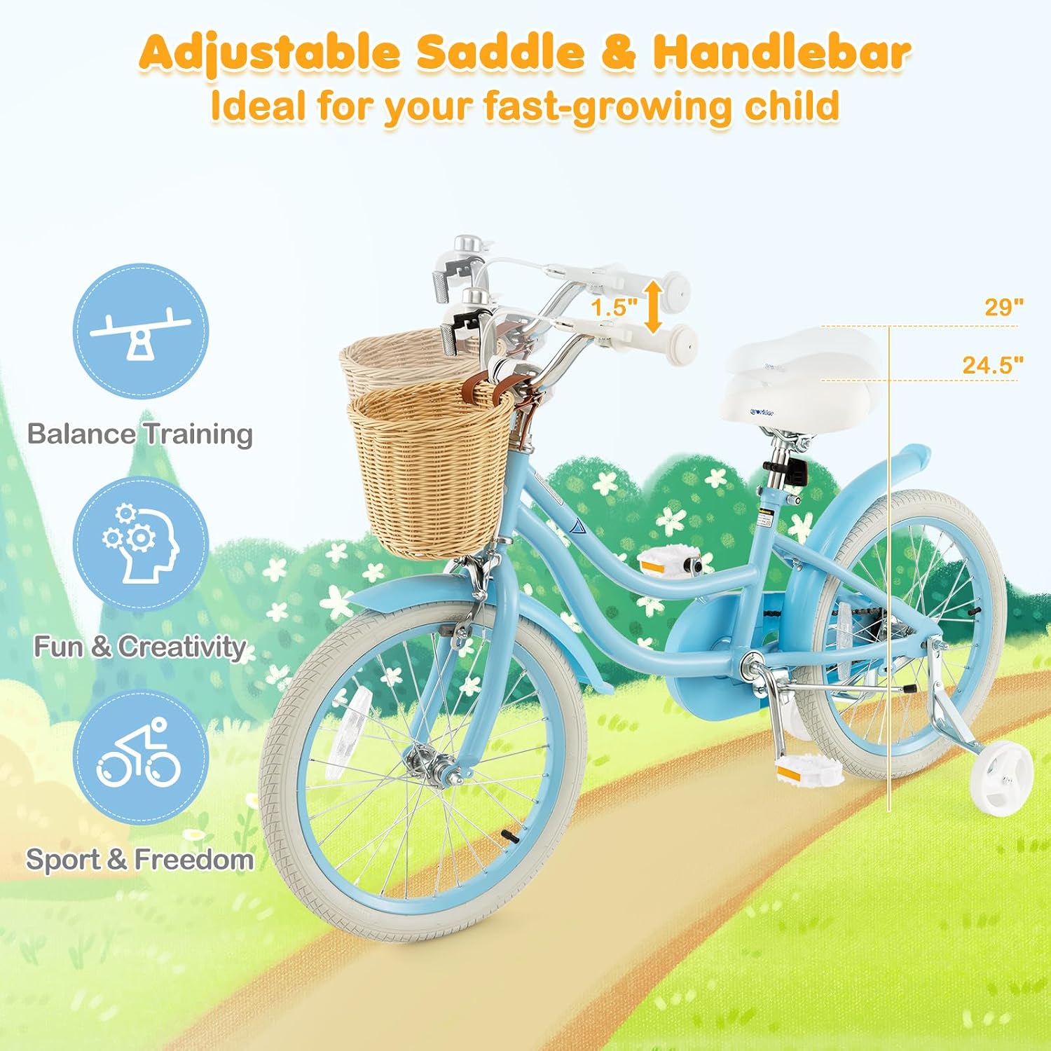 BABY JOY Kids Bike, 14 16 18 Inch Retro Kids Bicycles for 3-8 Years Old Children with Training Wheels, Adjustable Height, Rattan Basket, Handbrake & Coaster Brake, Boys Girls Bike (Pink, Green, Blue)