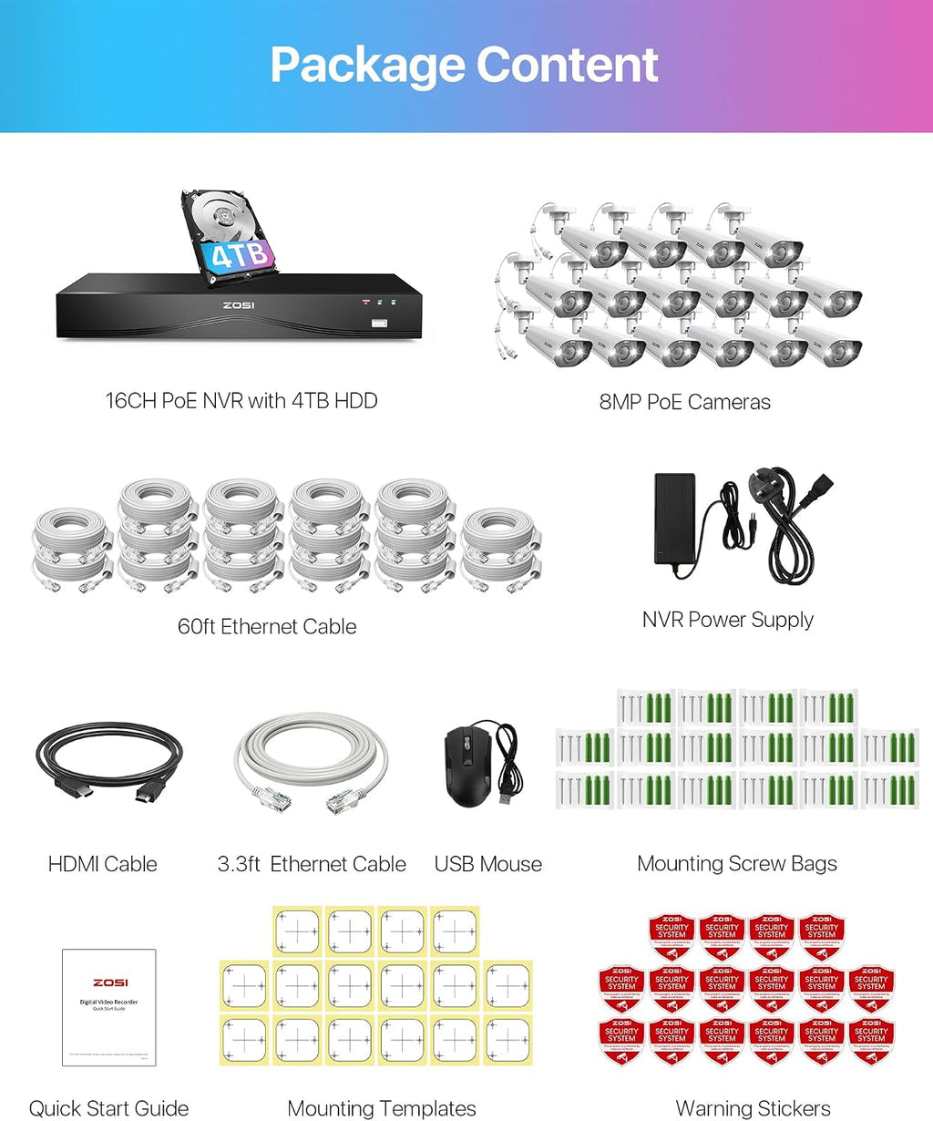 ZOSI 32CH 4K Security Camera System,16pcs 4K/8MP PoE Cameras Outdoor,Human/Vehicle Detection,2 Way Audio,Color Night Vision,16 Port 32 Channel 8MP Dual-Disk NVR with 4TB HDD for 24/7 Recording