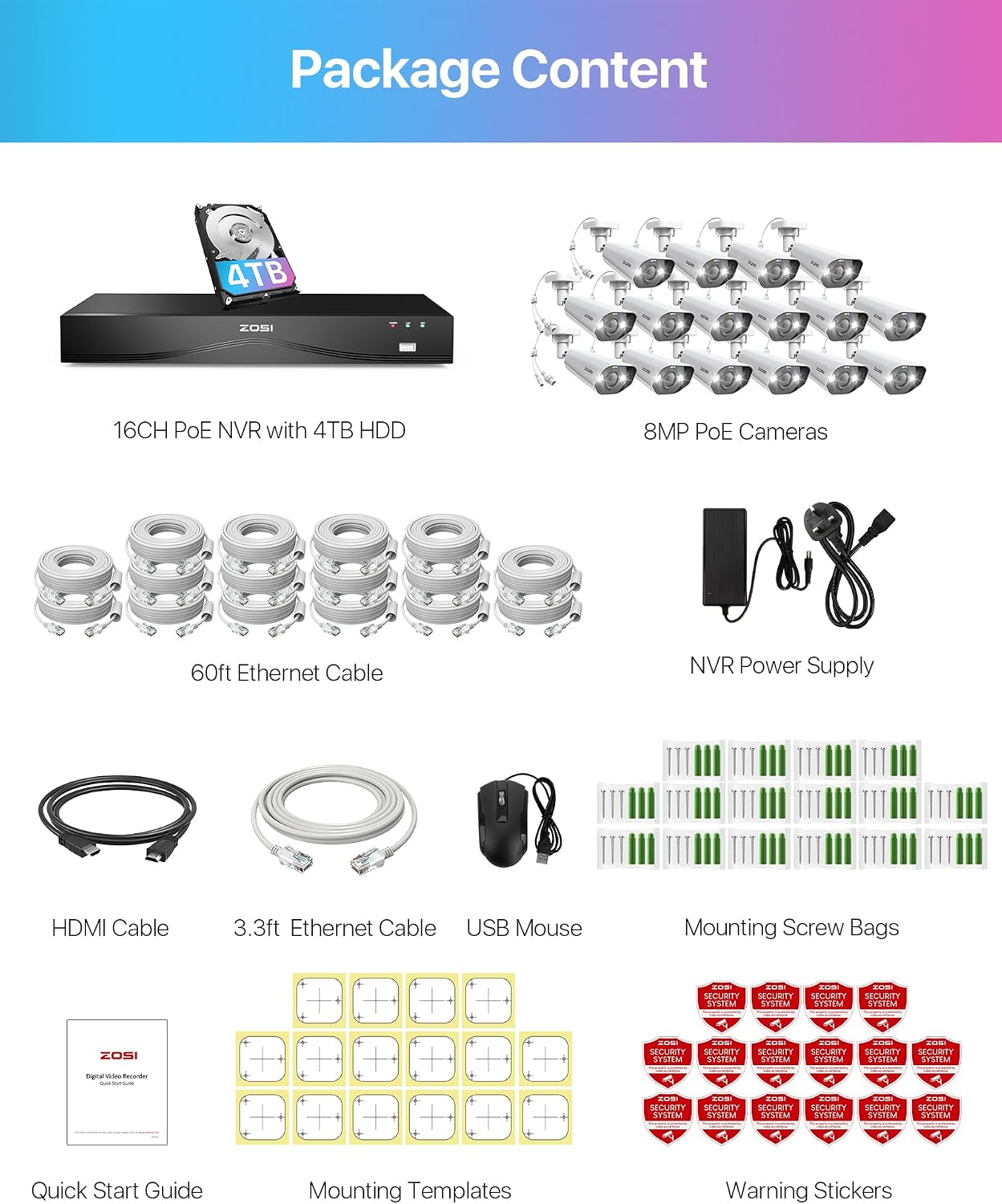 ZOSI 32CH 4K Security Camera System,16pcs 4K/8MP PoE Cameras Outdoor,Human/Vehicle Detection,2 Way Audio,Color Night Vision,16 Port 32 Channel 8MP Dual-Disk NVR with 4TB HDD for 24/7 Recording