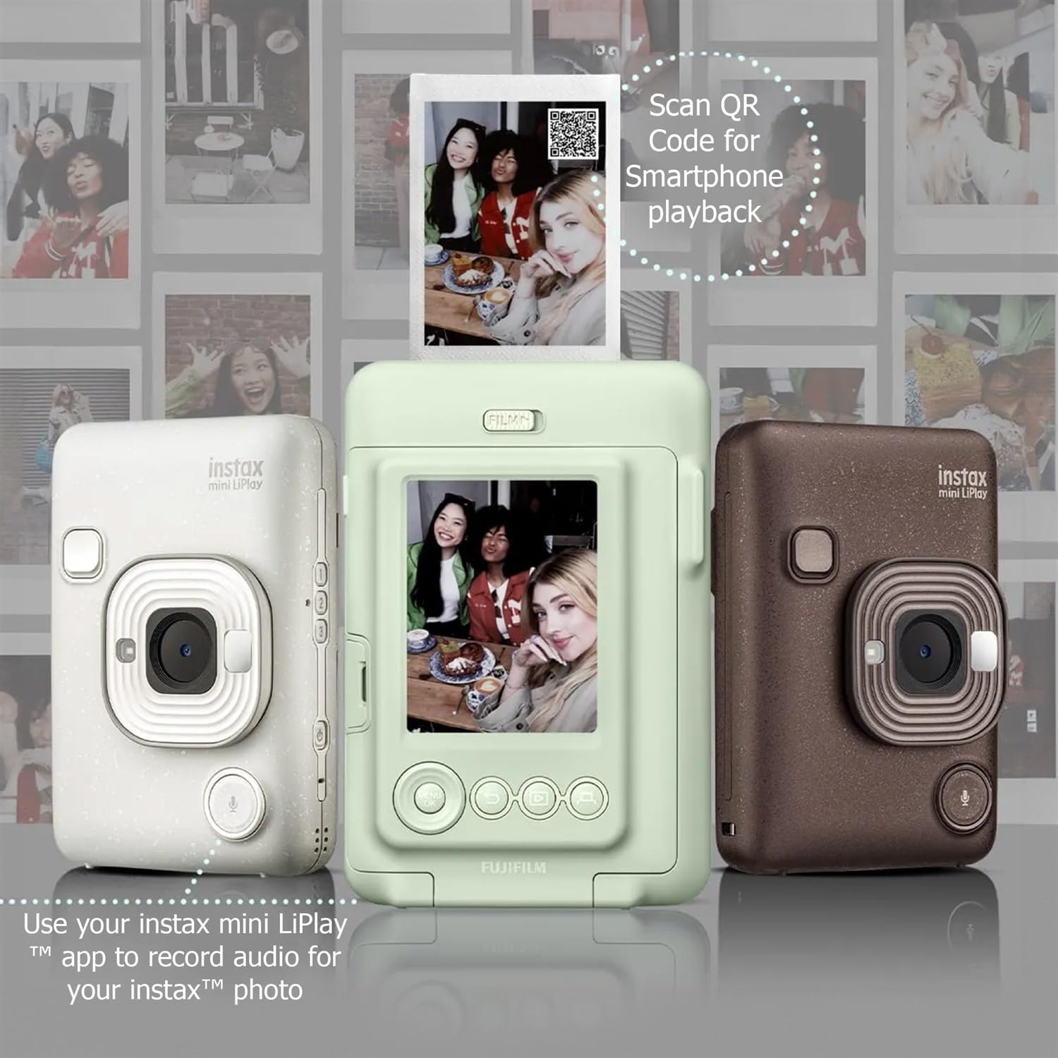Fujifilm INSTAX Mini LiPlay Hybrid Instant Camera Bundle with 20 Sheets INSTAX Mini Film, 32GB microSD Card, USB Charging Cable, Hand Strap, Cleaning Cloth (Deep Bronze)