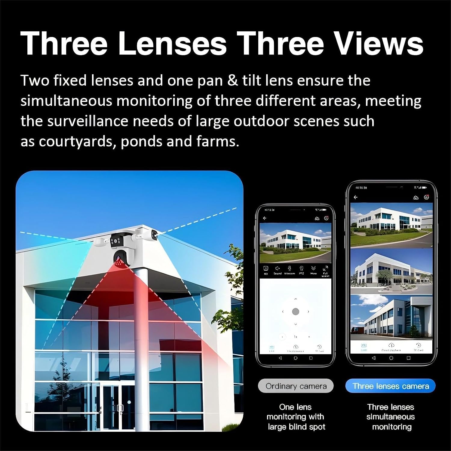 EVERSECU Triple Lens WiFi PTZ Security Camera, Three Cameras in One, Side Cameras with Adjustable All-Angle Arm, 2K 360° View No Blind Spot, Auto Tracking, Spotlight, 2 Way Audio（2pack