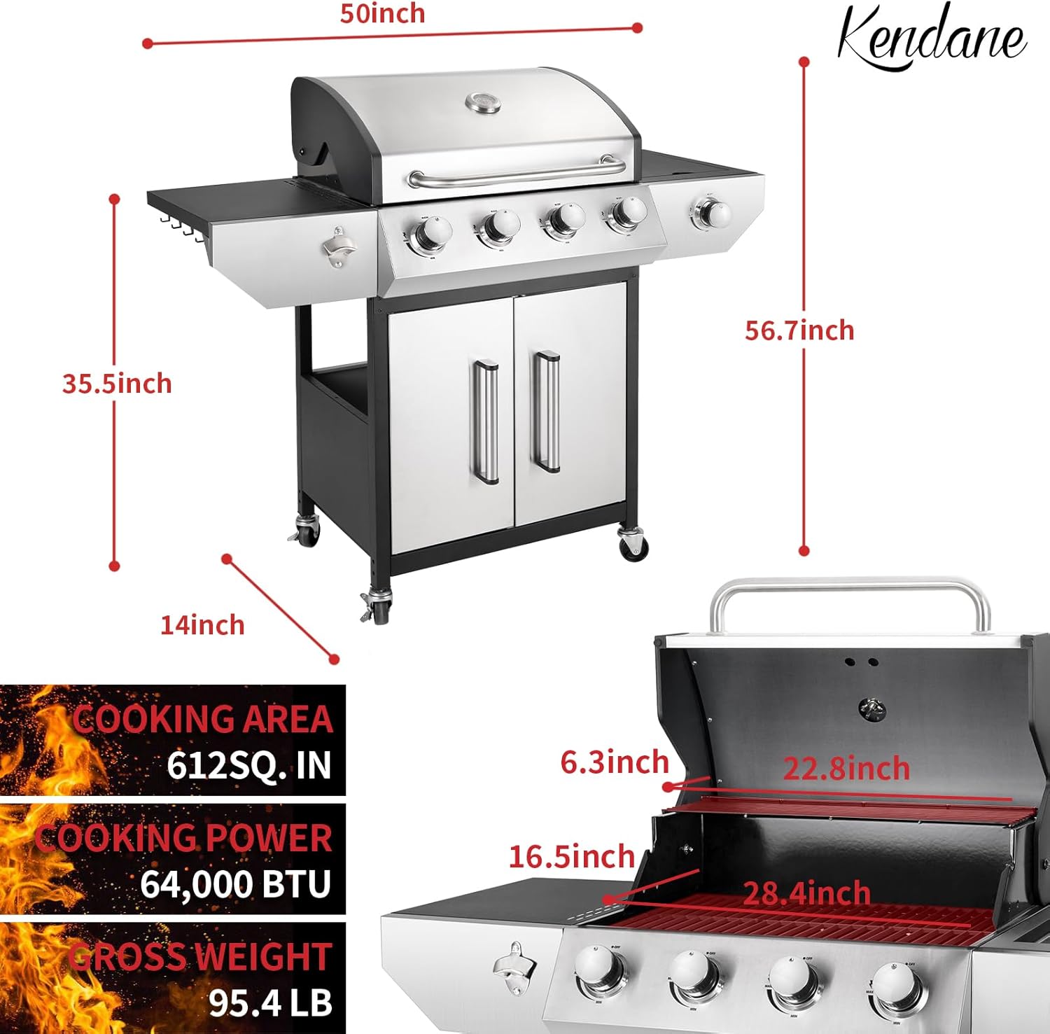 Kendane 4-Burner Propane Gas BBQ Grill with Side Burner, Barbecue Gas Grill with Enameled Cast Iron Grates for Outdoor Patio Garden Barbecue, 53,000 BTU, Stainless Steel Grill Cover included