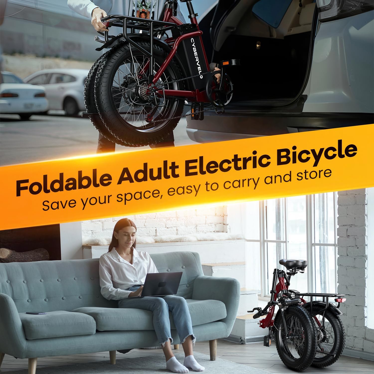 EUYBIKE Folding Electric Bike for Adults with Peak 1000W Motor, 48V 20AH Battery up to 80 Miles, 20' Fat Tire All Terrain Ebike, Front Suspension 7-Speed Commuter E Bike, Step-Thru, UL Certified