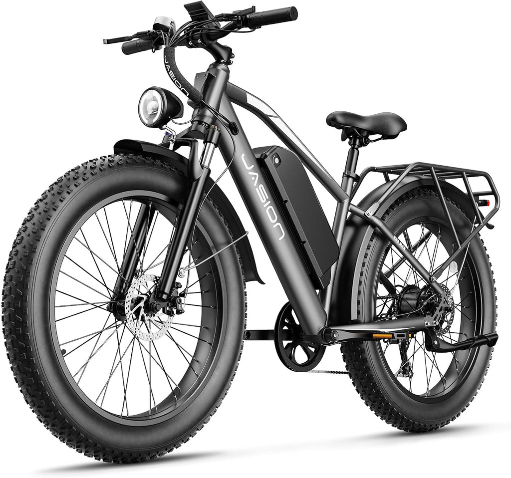 Jasion EB5 MAX Electric Bike for Adults with 1500W Peak Motor, 48V 15Ah (720Wh) Battery Electric Mountain Bike, 26'' x 4'' Fat Tire Ebike, 28+MPH Speed, Cruise Control, with Fenders, Rear Rack