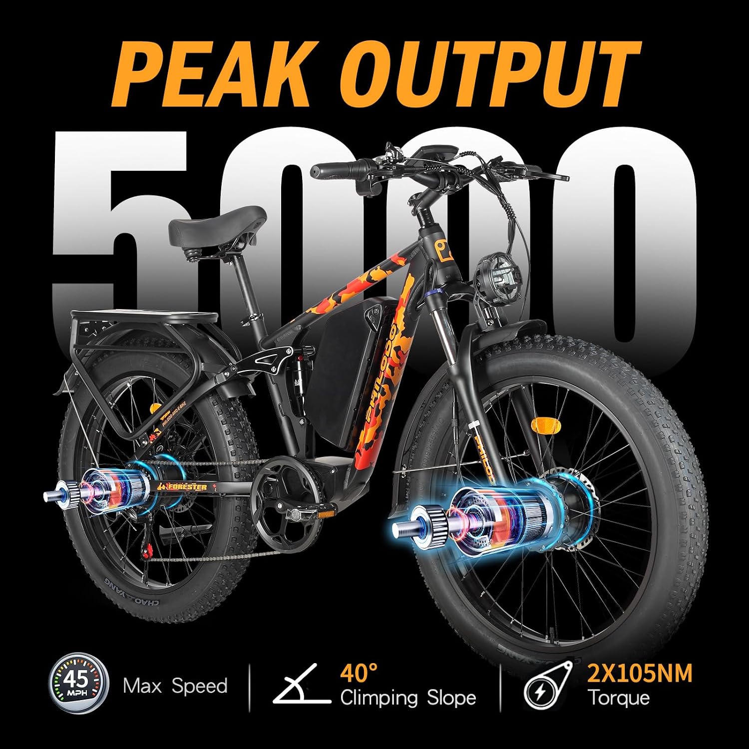 5000w Dual Motor Electric Bicycles, 60V Battery E-Bike with 45 MiIe P-Hour Electric Bike for Adults, 26 Fat Tire Hunting Ebike for All Terrain, Full Suspension Electric Ebike