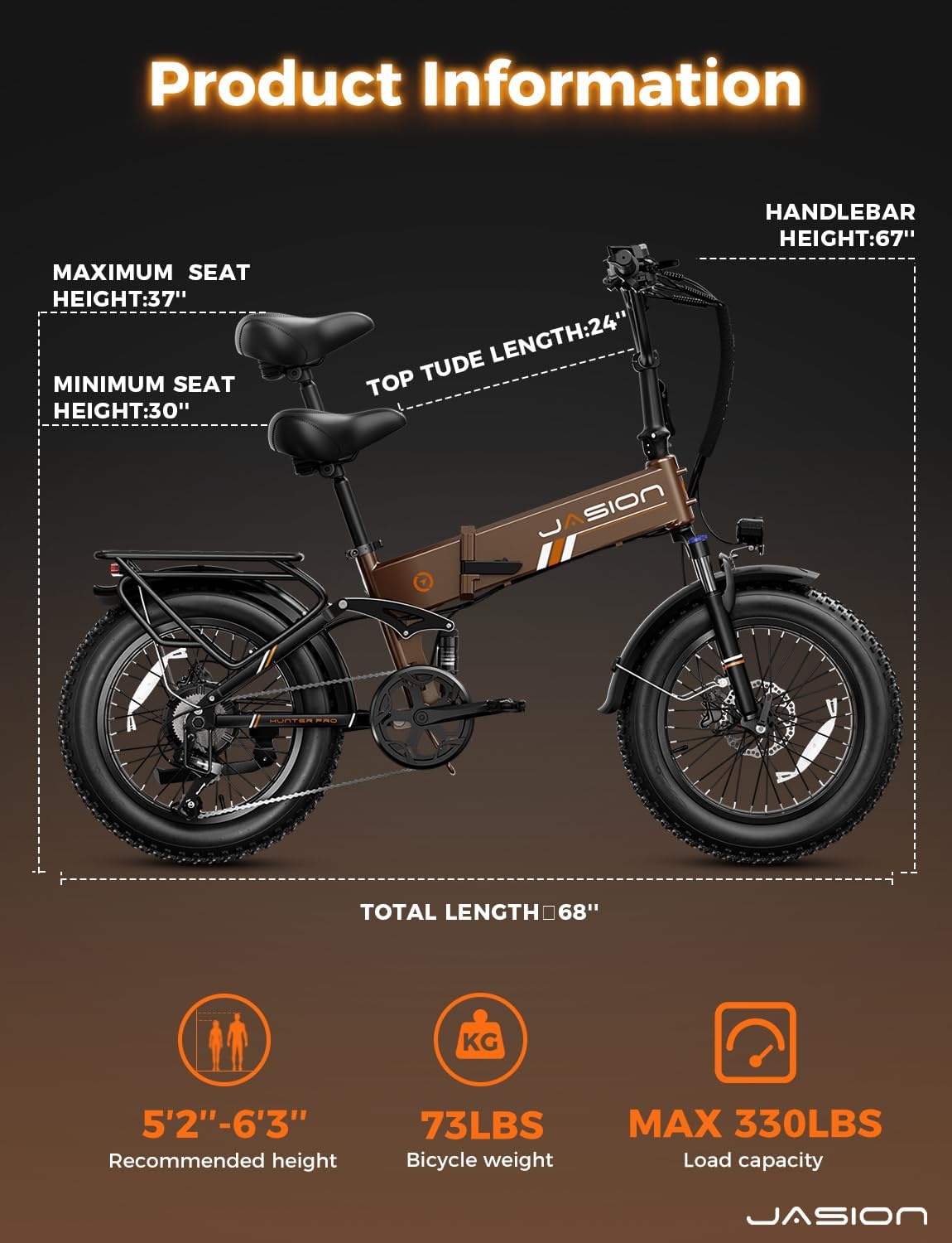 Jasion X Hunter/PRO Electric Bike for Adults,1800W/1400W Peak 20''Fat Tire Foldable Ebike,Folding E Bike Up to 80/70 Miles Range,720/624WH Removable Battery,30 MPH E Bike,Certified by UL2849