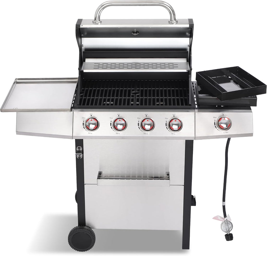 4-Burner Gas Grill with Side Burner, 49,000 BTU, Outdoor BBQ Grill with Cast Iron Grates, Griddle and Charcoal Pan, 3-in-1 Convertible Cooking, Easy-Clean System & Side Shelves