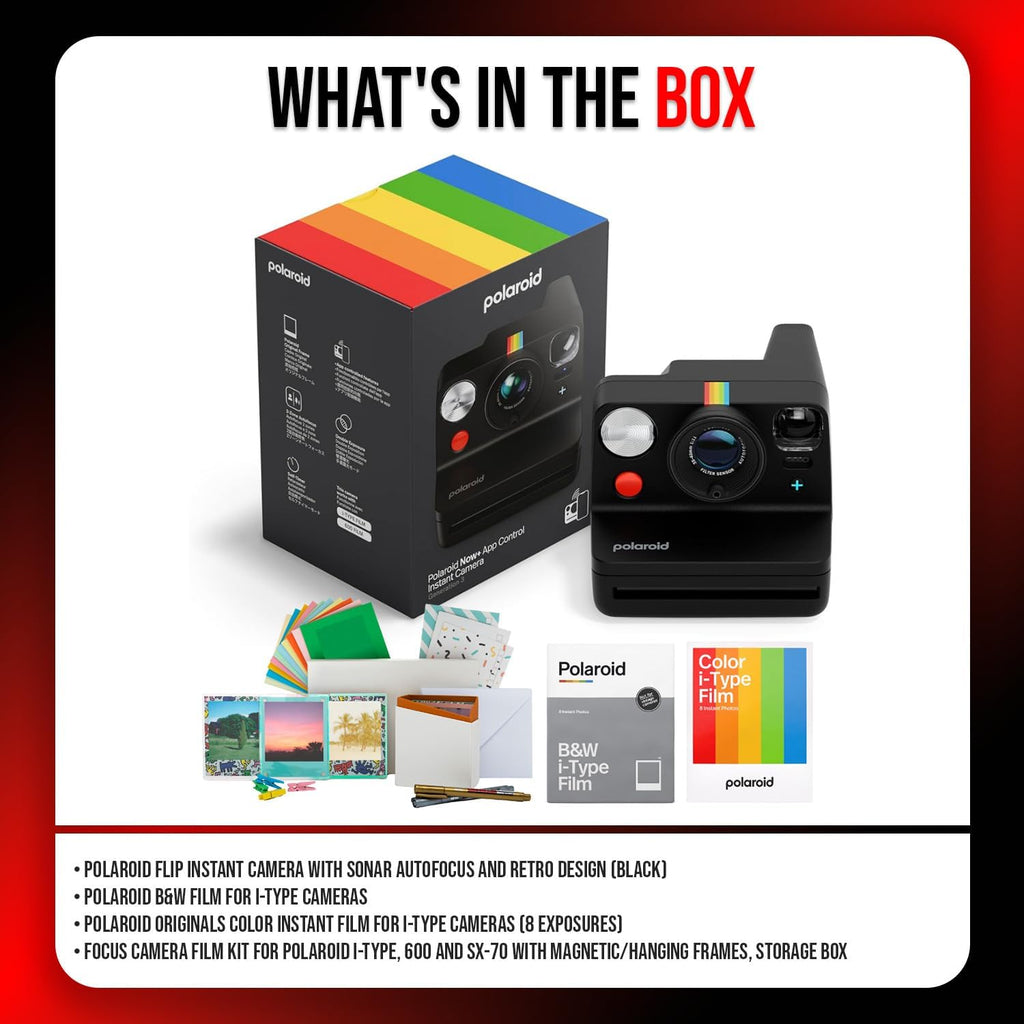 Polaroid Flip Instant Camera with Sonar Autofocus, Retro Instant Film Camera Bundle (Black) Includes B&W Film, Color Film, and Film Kit (4 Items) - Vintage Design, Easy-to-Use for Photography Lovers