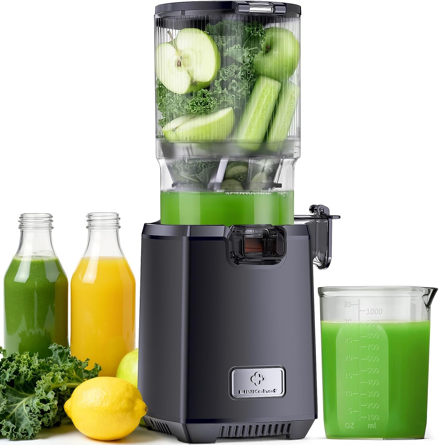 LINKChef Cold Press Juicer Machines, 130mm Diameter and 1.8L Capacity Juicers Whole Fruit and Vegetable, 250W Masticating Slow Juicer with Automatic Cutting, BPA-Free Tritan