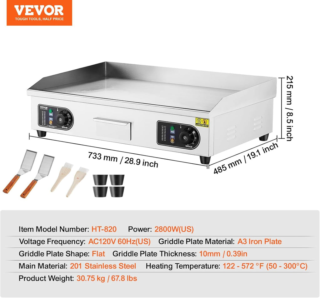 VEVOR Commercial Electric Griddle, 2800W Countertop Flat Top Grill, 122℉-572 ℉ Adjustable Temp, 29in Stainless Steel Griddle Grill with 2 Shovels and 2 Brushes for Home or Restaurant(110V No Plug)