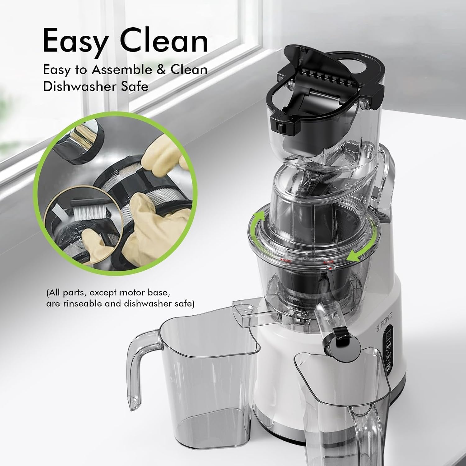 Easy-Use Cold Press Juicer, SiFENE 83mm Wide-Mouth Vertical Slow Masticating Juicer, Whole Fruit & Veg Juice Extractor, Easy Clen, BPA Free, Quiet Motor with Reverse Function, White