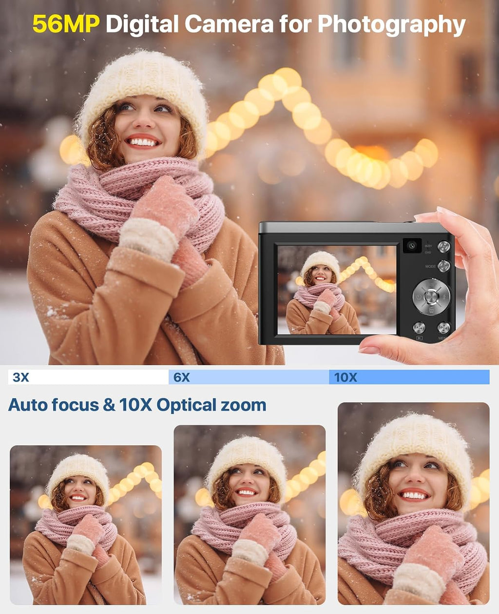 5K Digital Camera 10X Optical Zoom, 56MP Cameras for Photography with Front and Rear Dual Cameras, Vlogging Camera for Photography Travel Camera with 2.8' IPS Touchscreen, 64G Micro Card & 2 Batteries