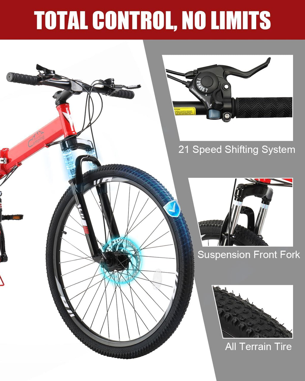 CamPingSurvivals Folding Mountain Bike, 26/27.5' Women's & Men's Bicycle, 21 Speed Foldable Bike for Adults with Dual Suspension, Dual Disc Brake, Adjustable Saddle & Precision Twist Shifting