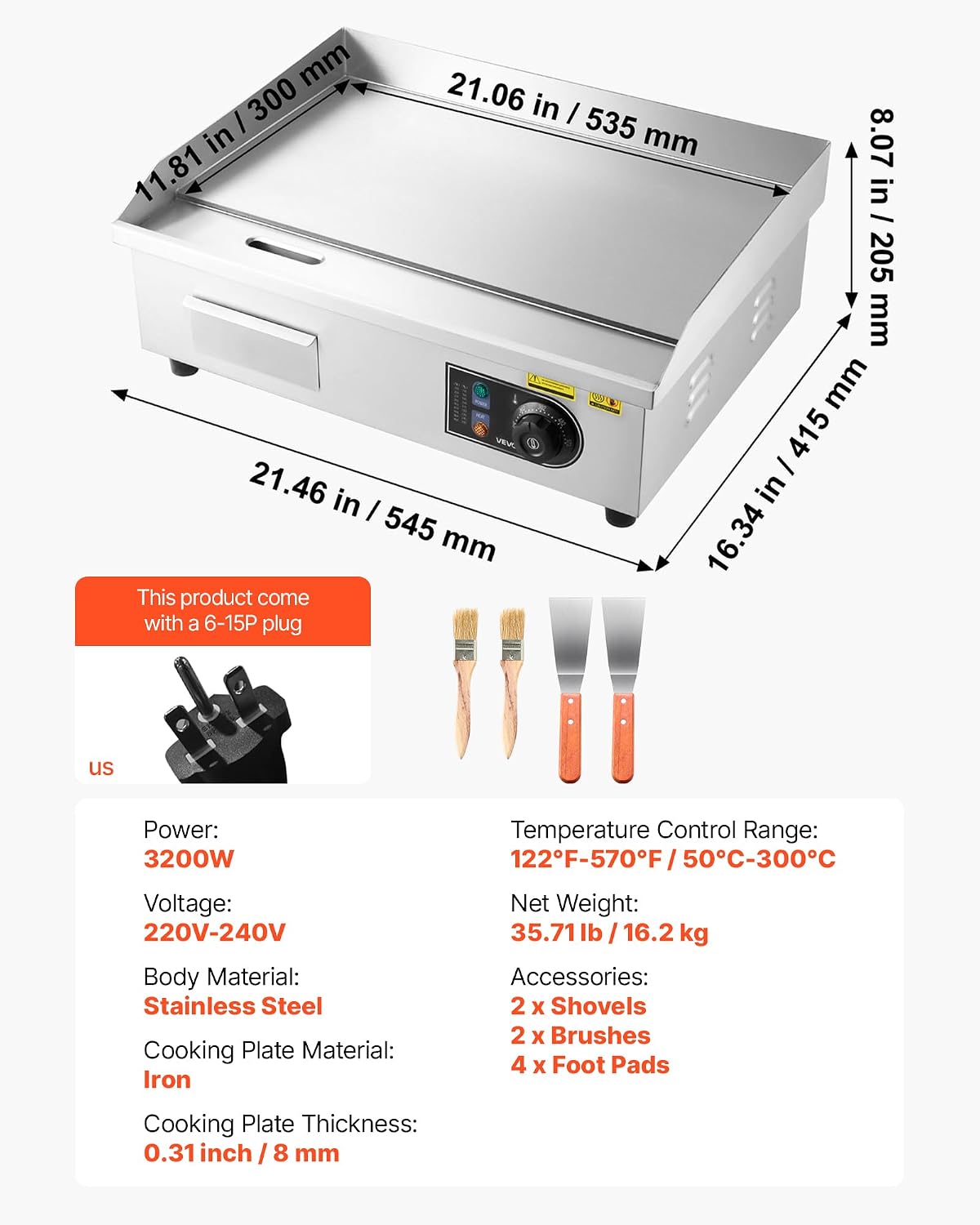 VEVOR Commercial Electric Griddle, 21.06 x 11.81 inch, 3200W, 122-570°F Adjustable Temp Control, Stainless Steel Body, Full Flat, with 2 Spatulas, 2 Brushes, and 4 Foot Pads, for Steak, Pancake