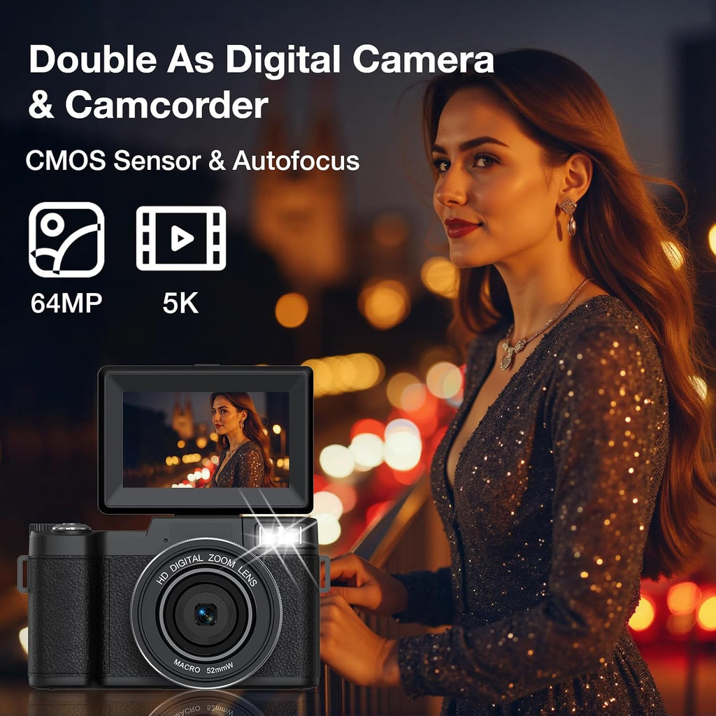5K Digital Camera with WiFi for Photography, 64MP Vlogging Camera with Flip Screen for YouTube, Includes 64GB SD Card, Tripod, Selfie Light & 2 Batteries