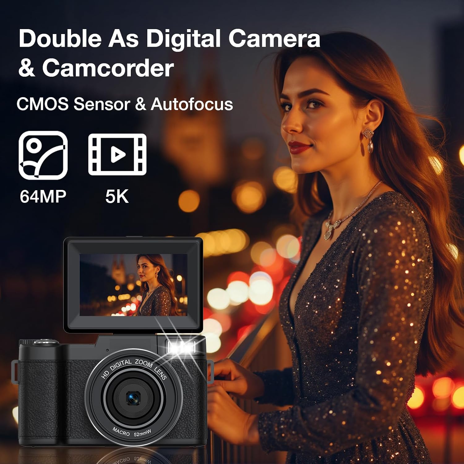 5K Digital Camera with WiFi for Photography, 64MP Vlogging Camera with Flip Screen for YouTube, Includes 64GB SD Card, Tripod, Selfie Light & 2 Batteries