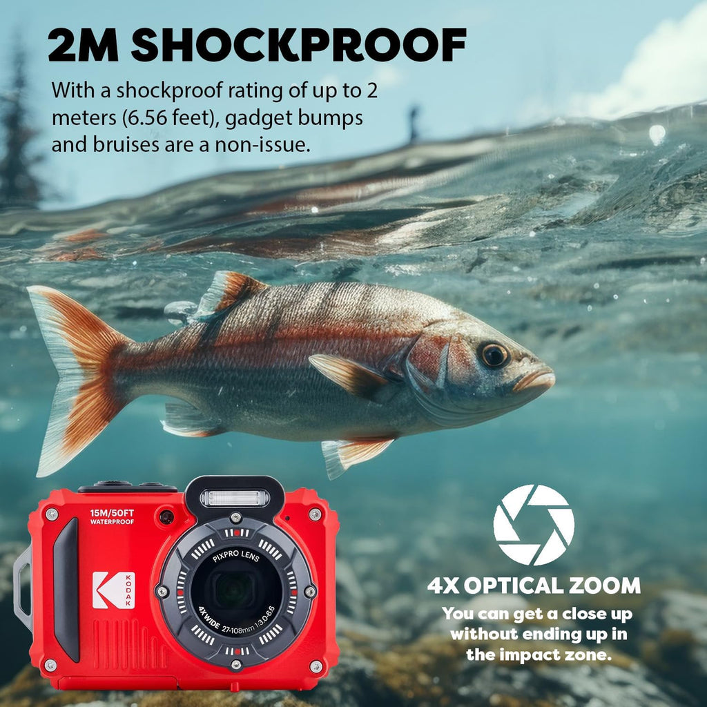 Kodak PIXPRO WPZ2 Rugged Waterproof Shockproof Digital Camera 16MP 4X Optical Zoom 1080P Full HD Video, 2.7' LCD (Red) Bundle with Camera Case, SanDisk 32GB microSDHC Card (4 Items)