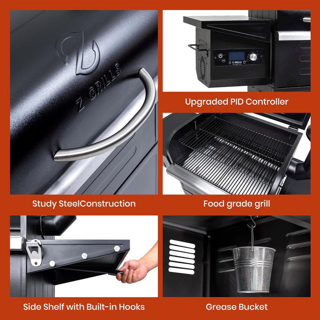 Z GRILLS Wood Pellet Grill & Smoker 8-in-1 Pellet Grill with Automatic Temperature Control，Meat Probes，572 Sq. in Area for Backyard Camping Outdoor Party,Bright Black