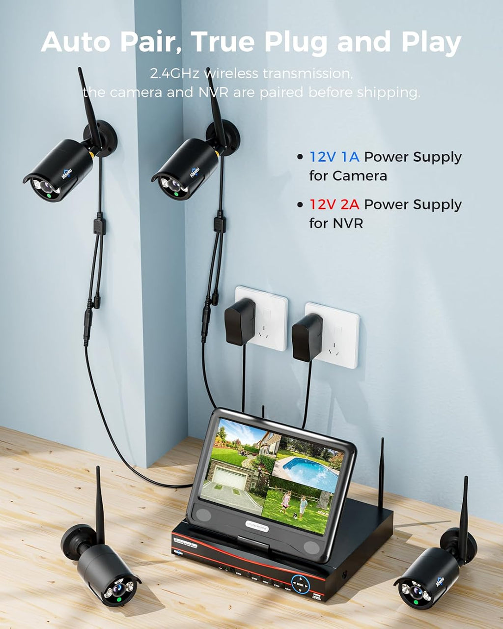 Hiseeu Home Security Camera System, 24/7 Recording Wired Plug-in Powered 4Pcs 5MP Outdoor Cameras, 10.1' LCD 16CH 8MP NVR&Monitor, One-Way Audio, Motion Detection, 1TB HDD, 2.4G/5G Wireless WiFi Pro