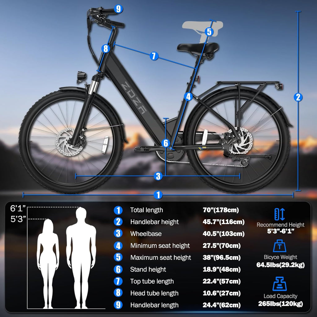 ZDZA Electric Bike for Adults, 1000W Peak Motor, 60 Miles 22Mph Electric Bike, 26' Commuter E Bikes with 48V 10.4Ah Removable Battery, Step-Thru Ebike, Adjustable Stem, 7-Speed & Front Suspension