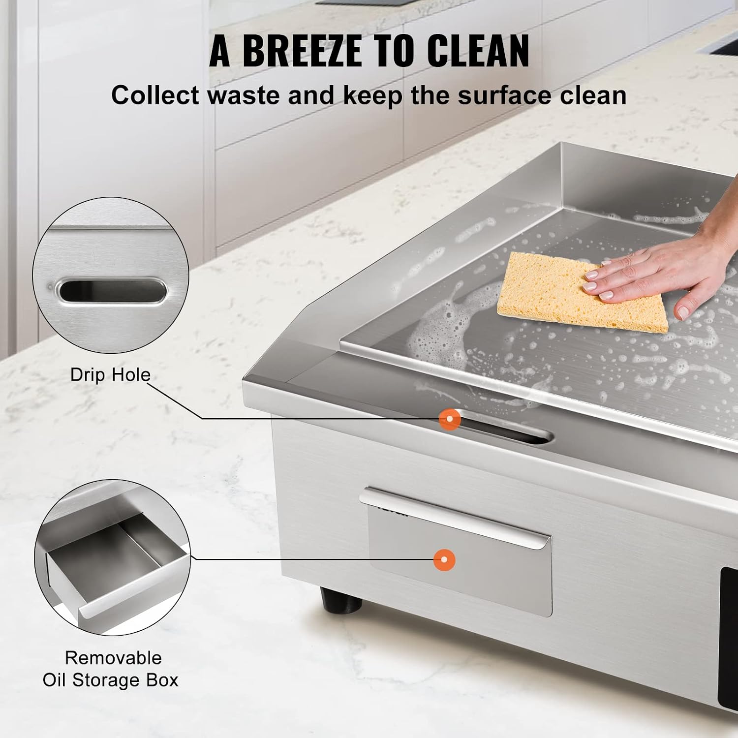 VEVOR Commercial Electric Griddle, 22', 1600W Countertop Flat Top Griddle, Stainless Steel Teppanyaki Grill w/Iron Cooking Plate, 122-572℉ Adjustable Temp Control 2 Shovels & Brushes, 110V