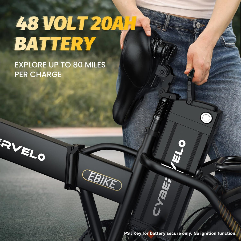 Cybervelo 750W Folding Electric Bike,48V 20AH Removable Battery EBike,20MPH,80 Miles Max Range Electric Bike for Adults, 20' Fat TireFoldable ebike, Adult Electric Bicycles