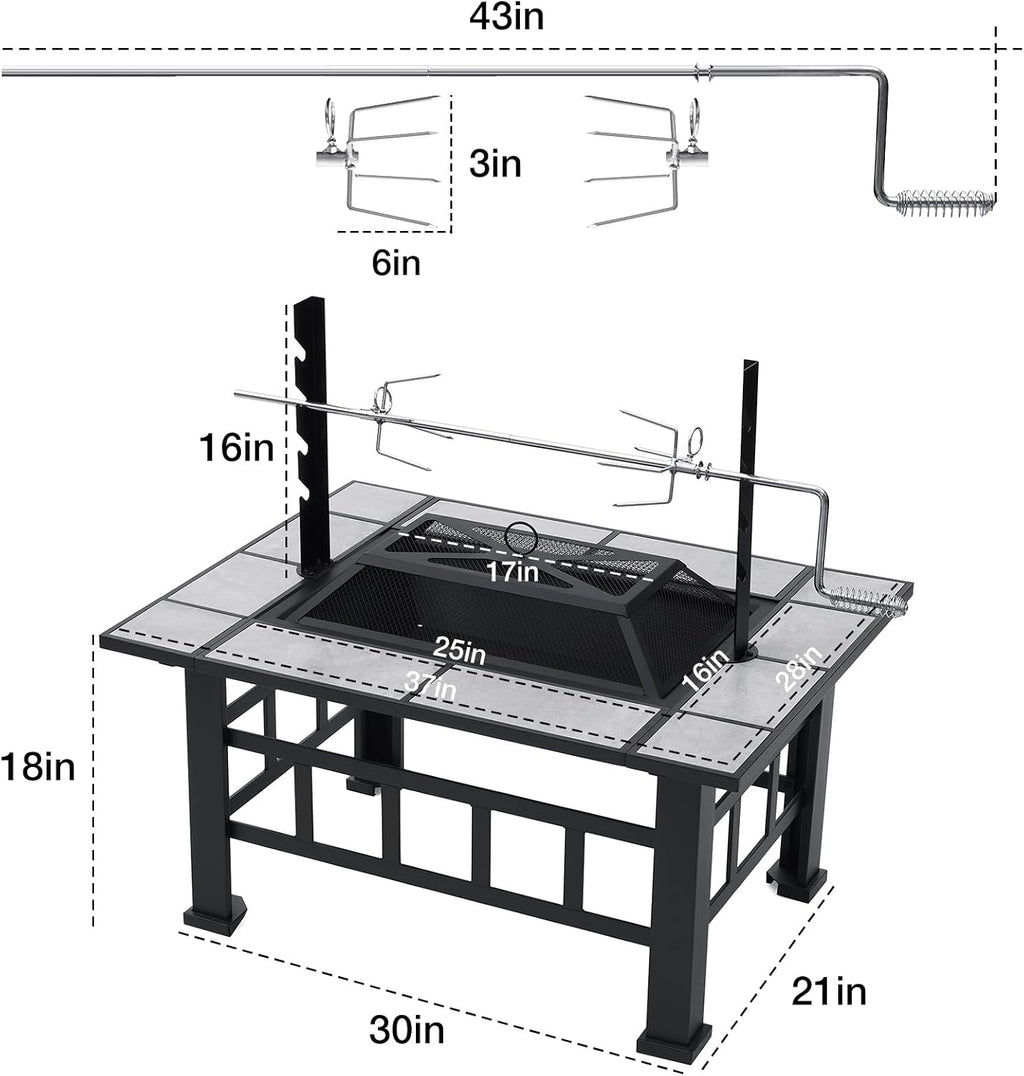 Fire Pit Table for Outside 37 Inch Square Firepits with Grill Large Wood Burning Heavy Duty Steel BBQ Bonfire Pit Outdoor Cooking with Spark Screen Log Grate Poker for Backyard Garden Camping