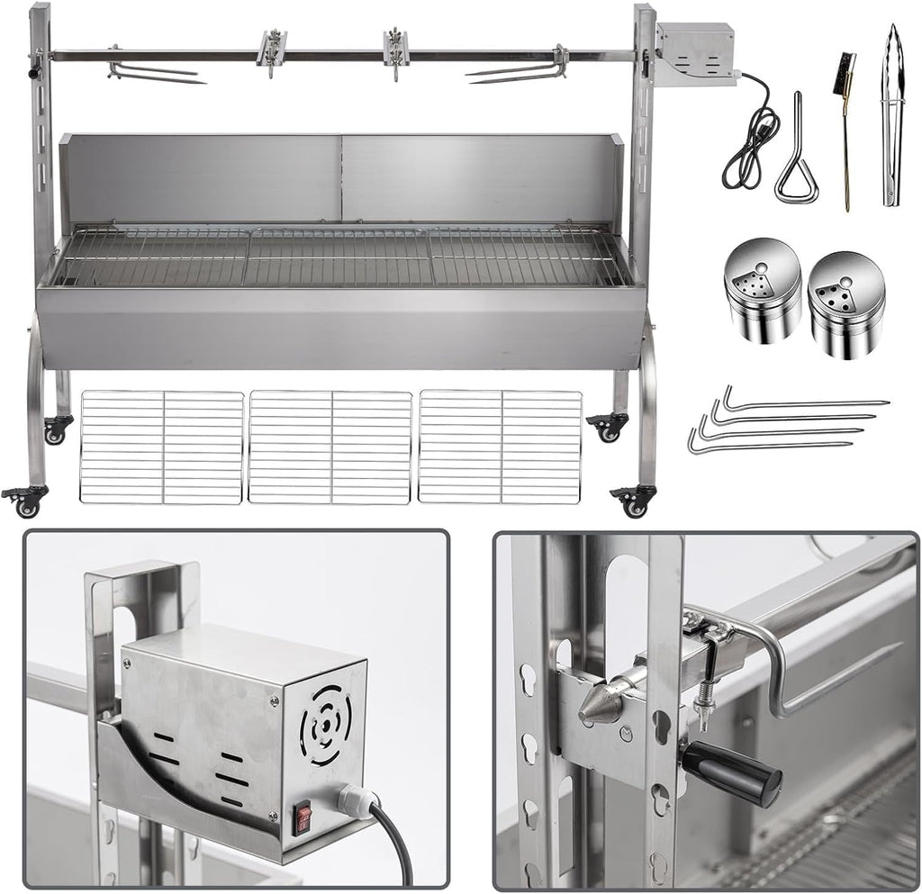 Rotisserie Grill With Wind Screen, Stainless Steel Charcoal Spit, Electric Pig Rotisserie Machine, 176LBS/80KG BBQ Grill for Pig Roasting, Camping & Backyard Use