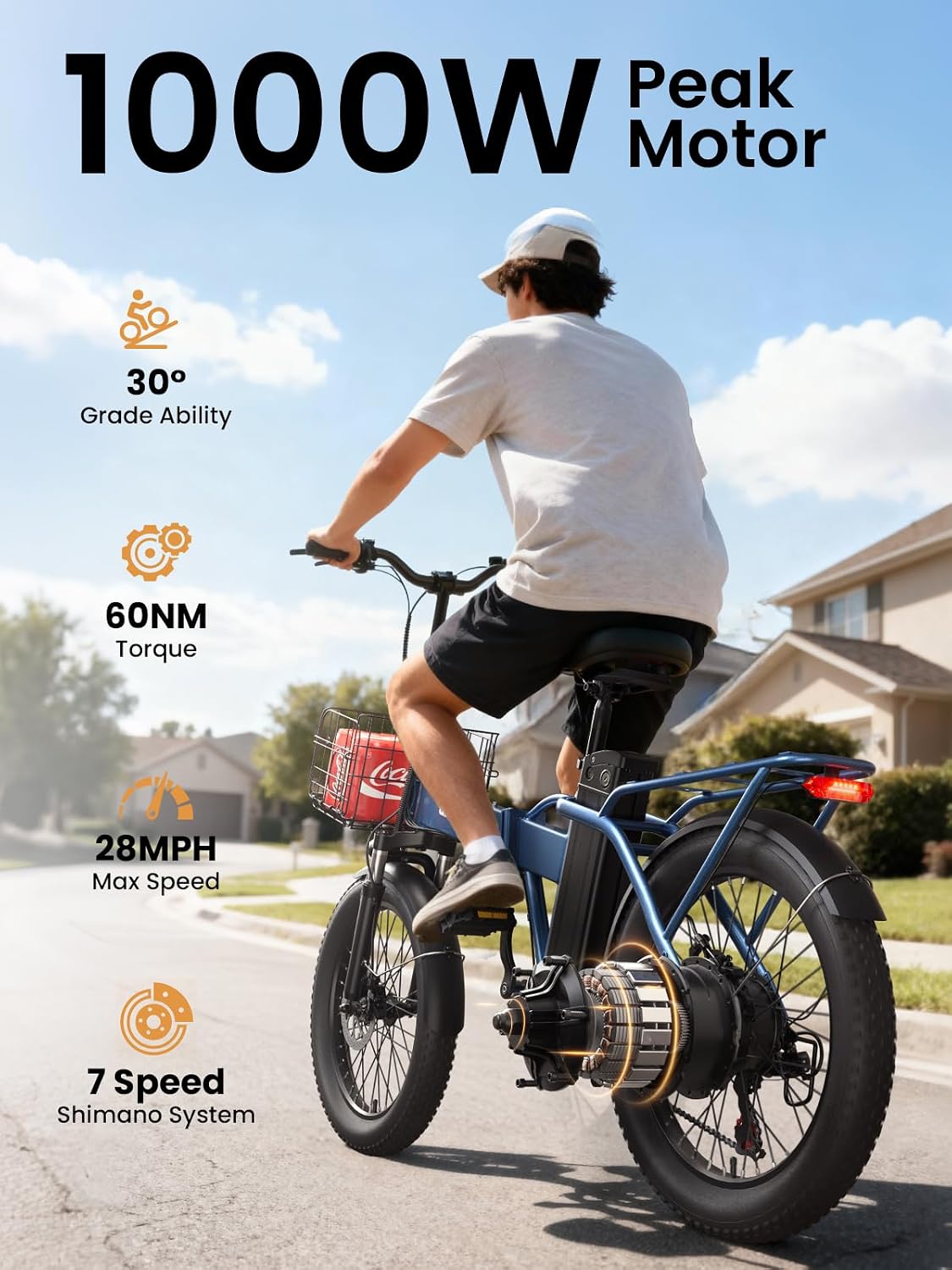 QRONGE Folding Electric Bike, E-Bike Foldable 1000W Peak, 48V 13.5AH Removable Battery Ebike, 20' Fat Tire, 70 Max Miles Range, 28maxMPH, Electric Bike for Adults, Adult Electric Bicycles for Commute