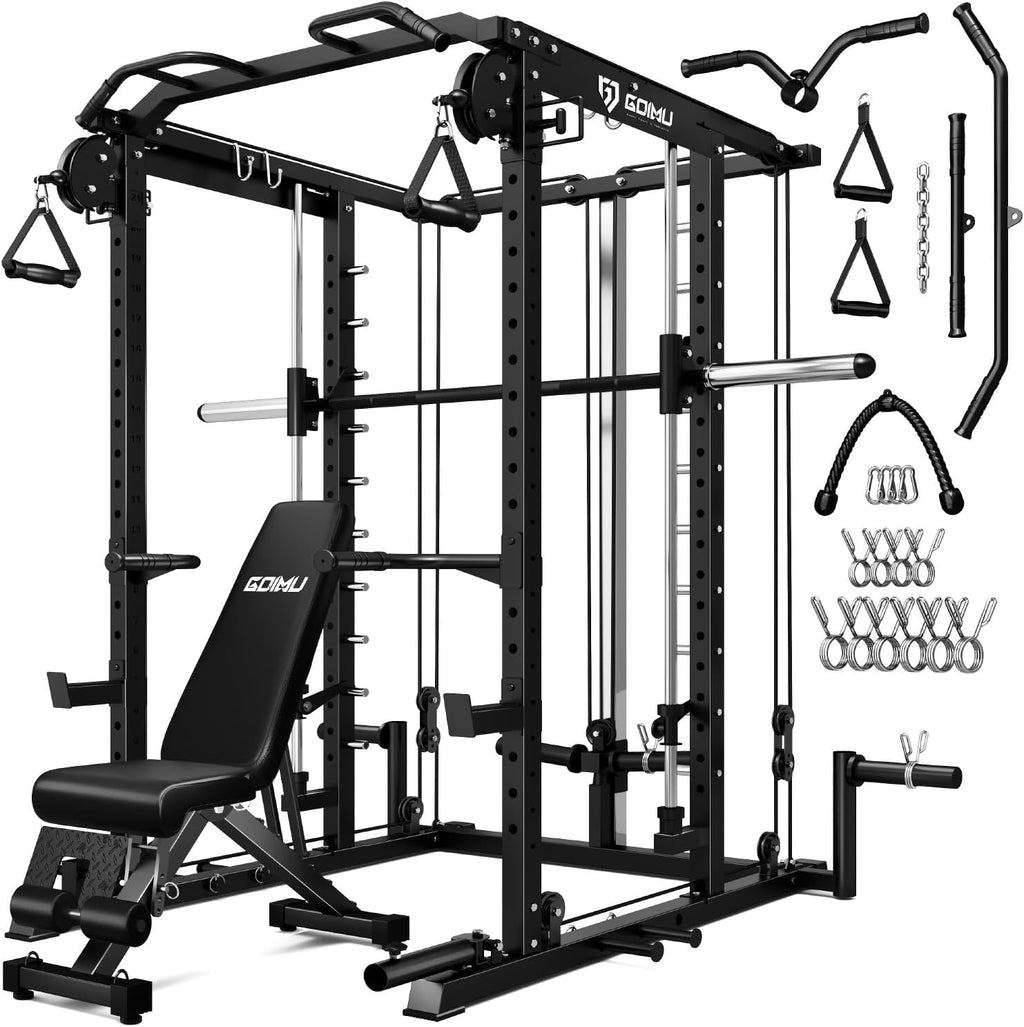 S1-V4 Smith Machine, 2000LBS Power Cage with Cable Crossover System, All-in-One Squat Rack with Smith Bar, Strength Training Equipment for Hone Gym