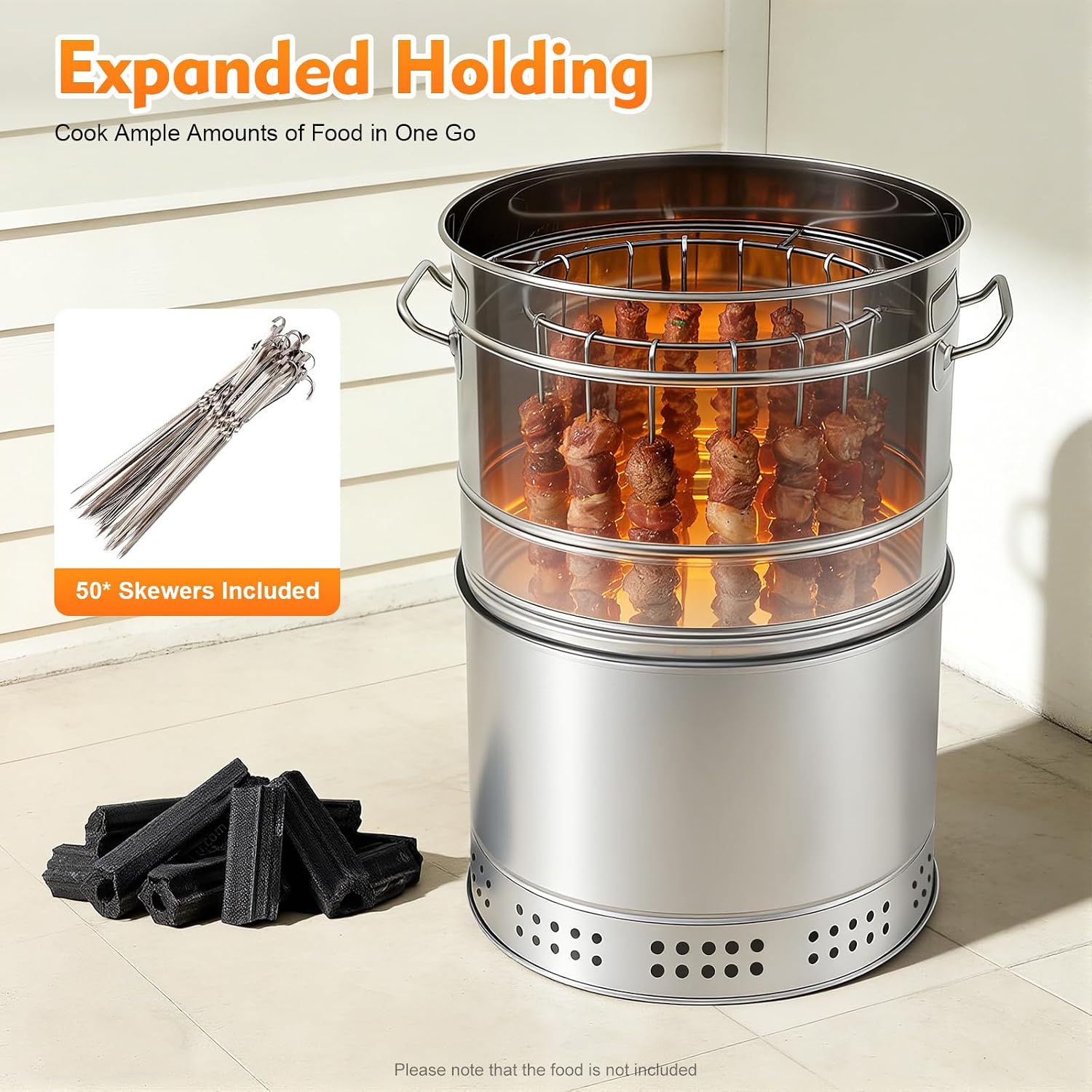 Large Portable Charcoal Grills, Stainless Charcoal BBQ Grill Barrel, 360° Automatic Smokeless Outdoor Barbecue Grill for Travel, Outdoor Cooking and BBQ, Camping Grill Picnic Patio Backyard
