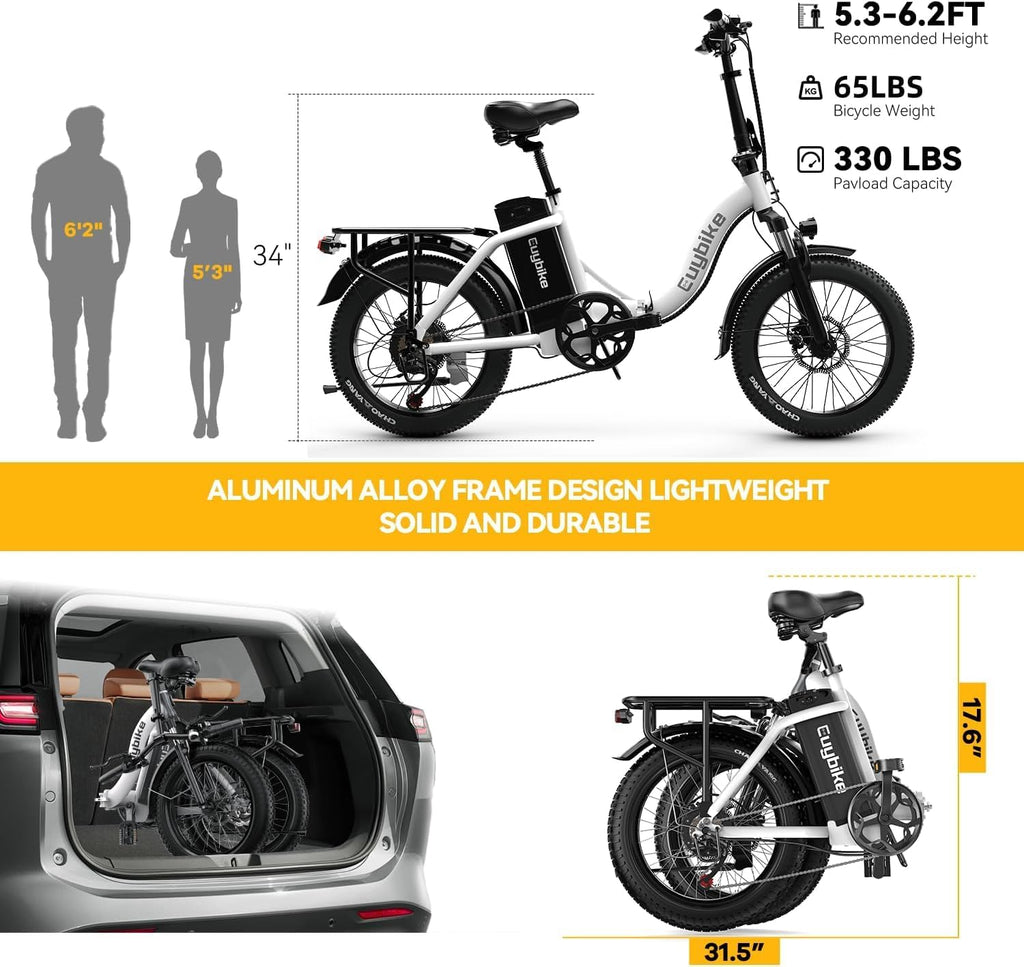 EUYBIKE Folding Electric Bike for Adults with Peak 1000W Motor, 48V 20AH Battery up to 80 Miles, 20' Fat Tire All Terrain Ebike, Front Suspension 7-Speed Commuter E Bike, Step-Thru, UL Certified